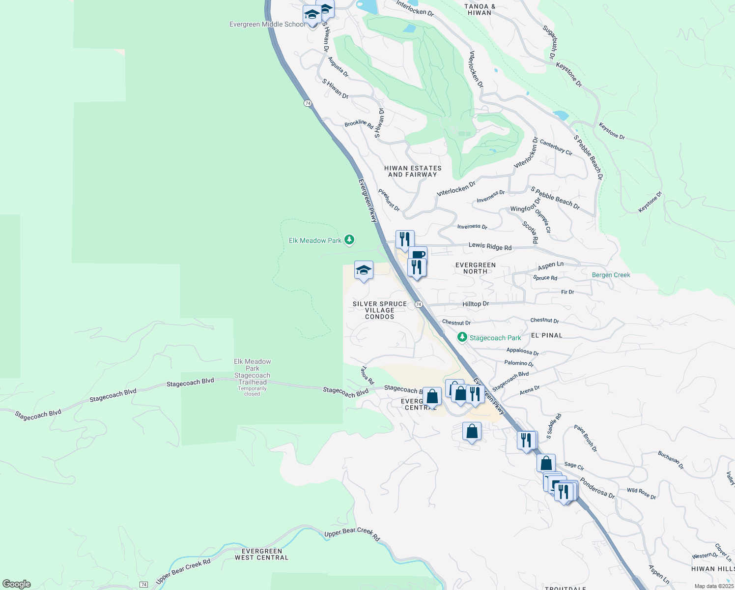 map of restaurants, bars, coffee shops, grocery stores, and more near 3089 Royale Elk Way in Evergreen