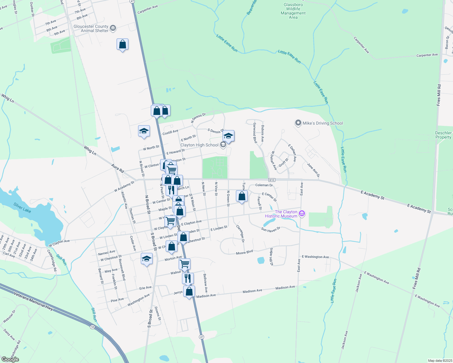 map of restaurants, bars, coffee shops, grocery stores, and more near 322 N Green St in Clayton