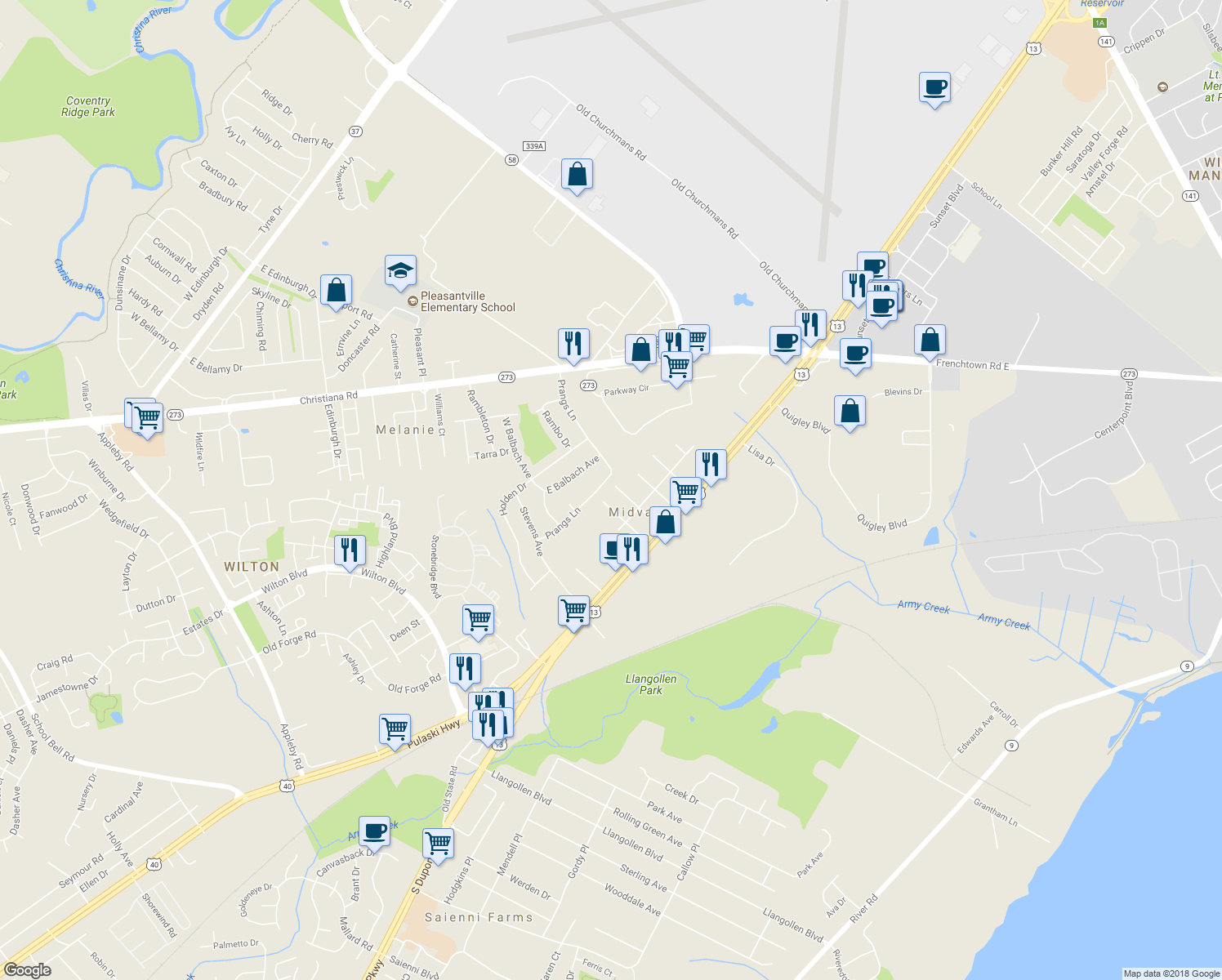 map of restaurants, bars, coffee shops, grocery stores, and more near 114 3rd Avenue in New Castle