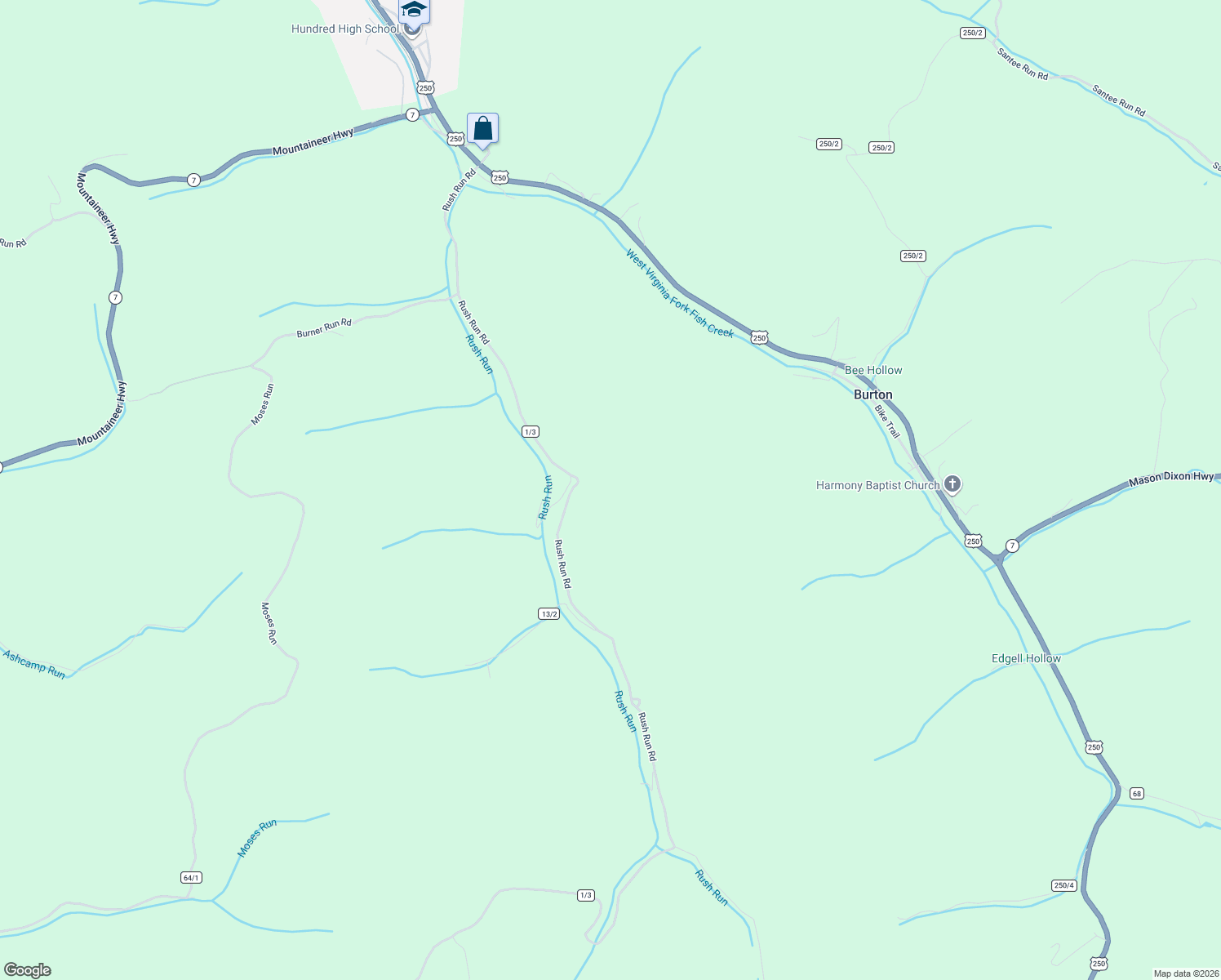 map of restaurants, bars, coffee shops, grocery stores, and more near 1043 Rush Run Road in Burton