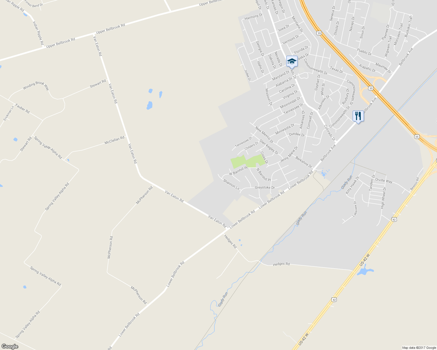 map of restaurants, bars, coffee shops, grocery stores, and more near 1114 Shannon Lane in Xenia