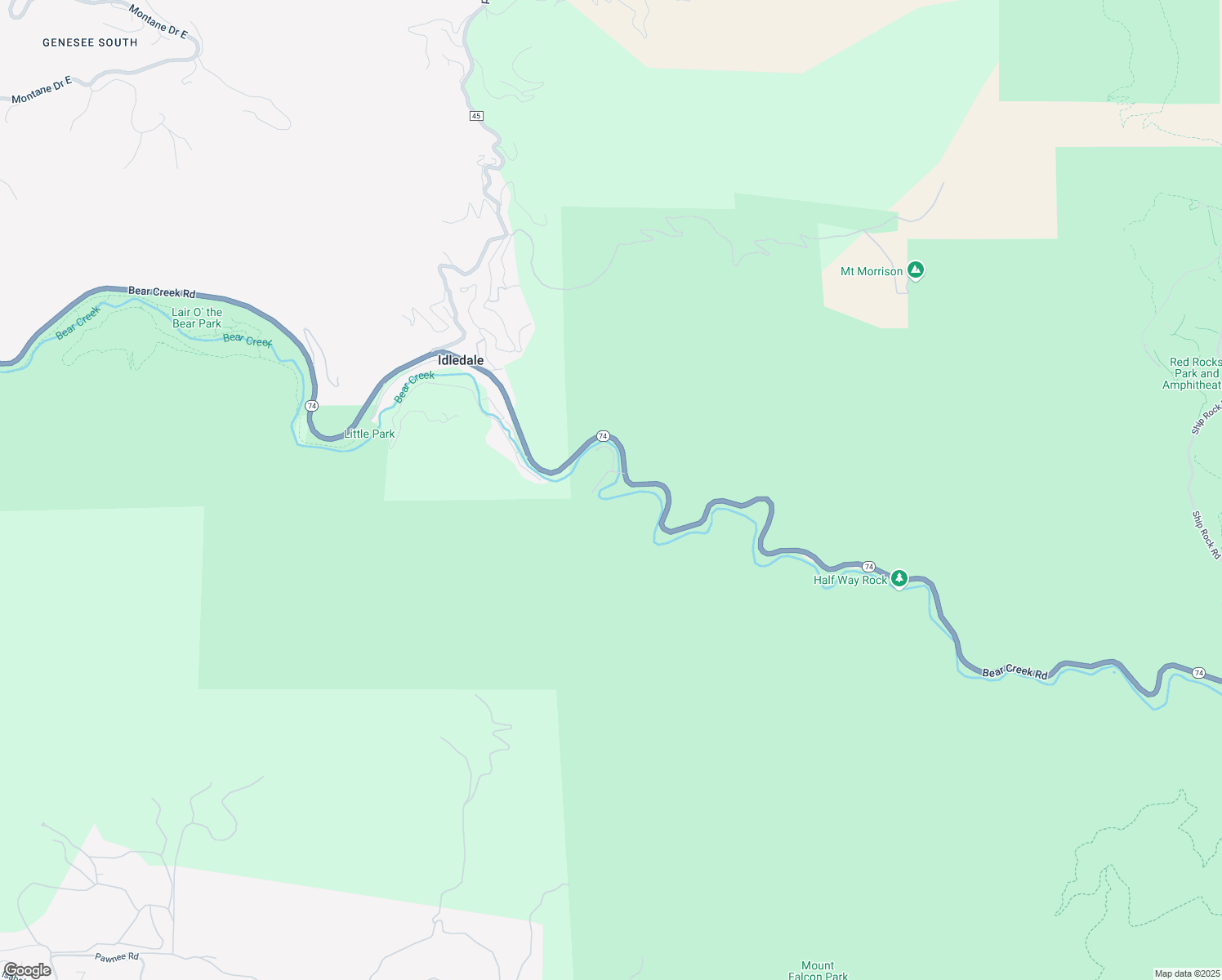 map of restaurants, bars, coffee shops, grocery stores, and more near 21000 Colorado 74 in Idledale