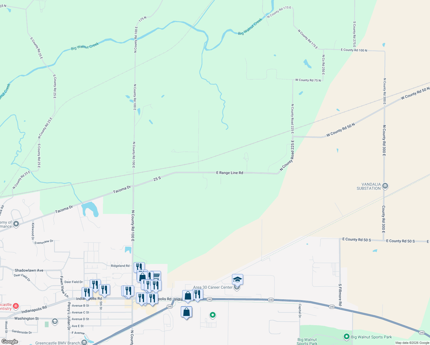 map of restaurants, bars, coffee shops, grocery stores, and more near 1651 E Range Line Rd in Greencastle