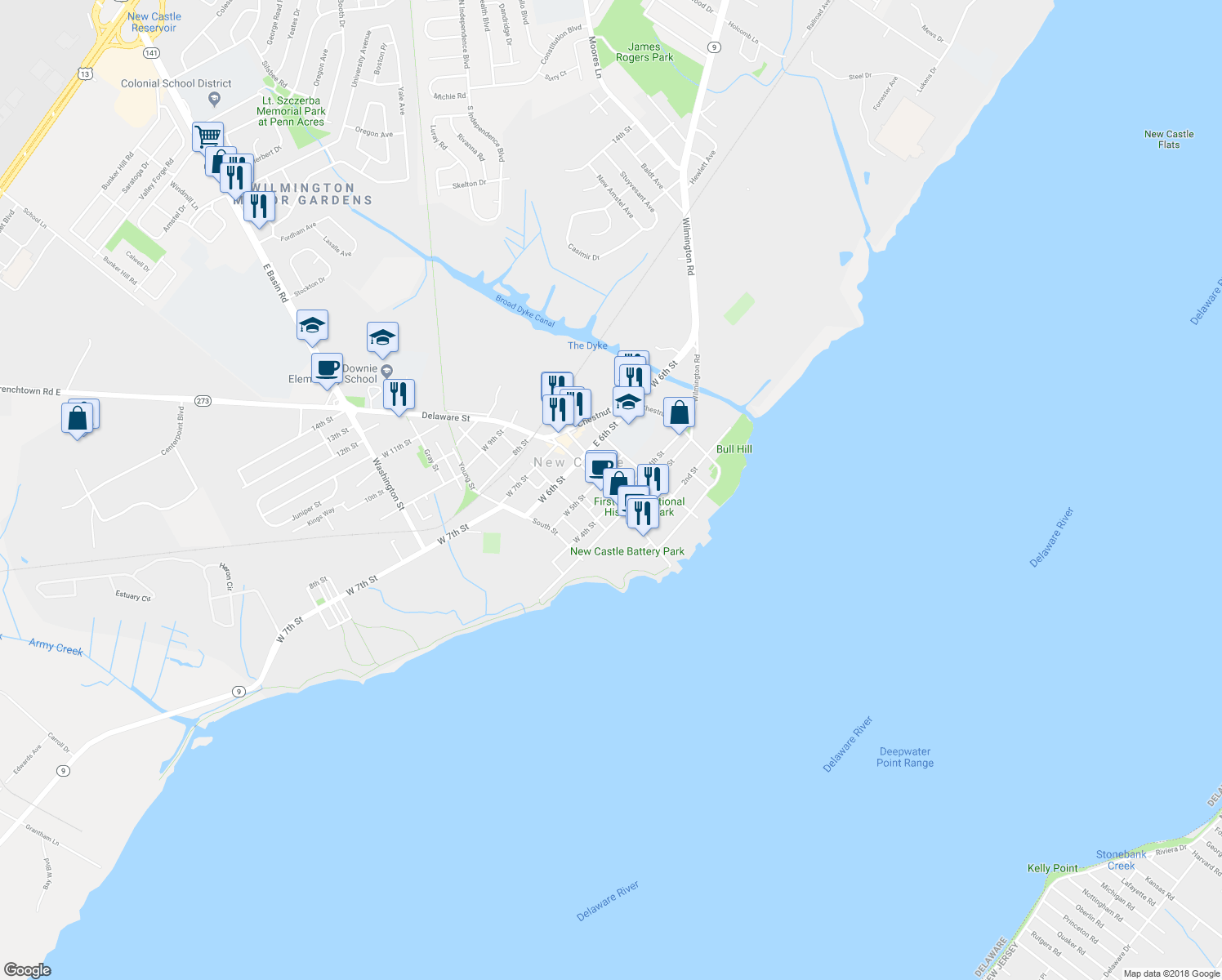 map of restaurants, bars, coffee shops, grocery stores, and more near 2-12 East 5th Street in New Castle