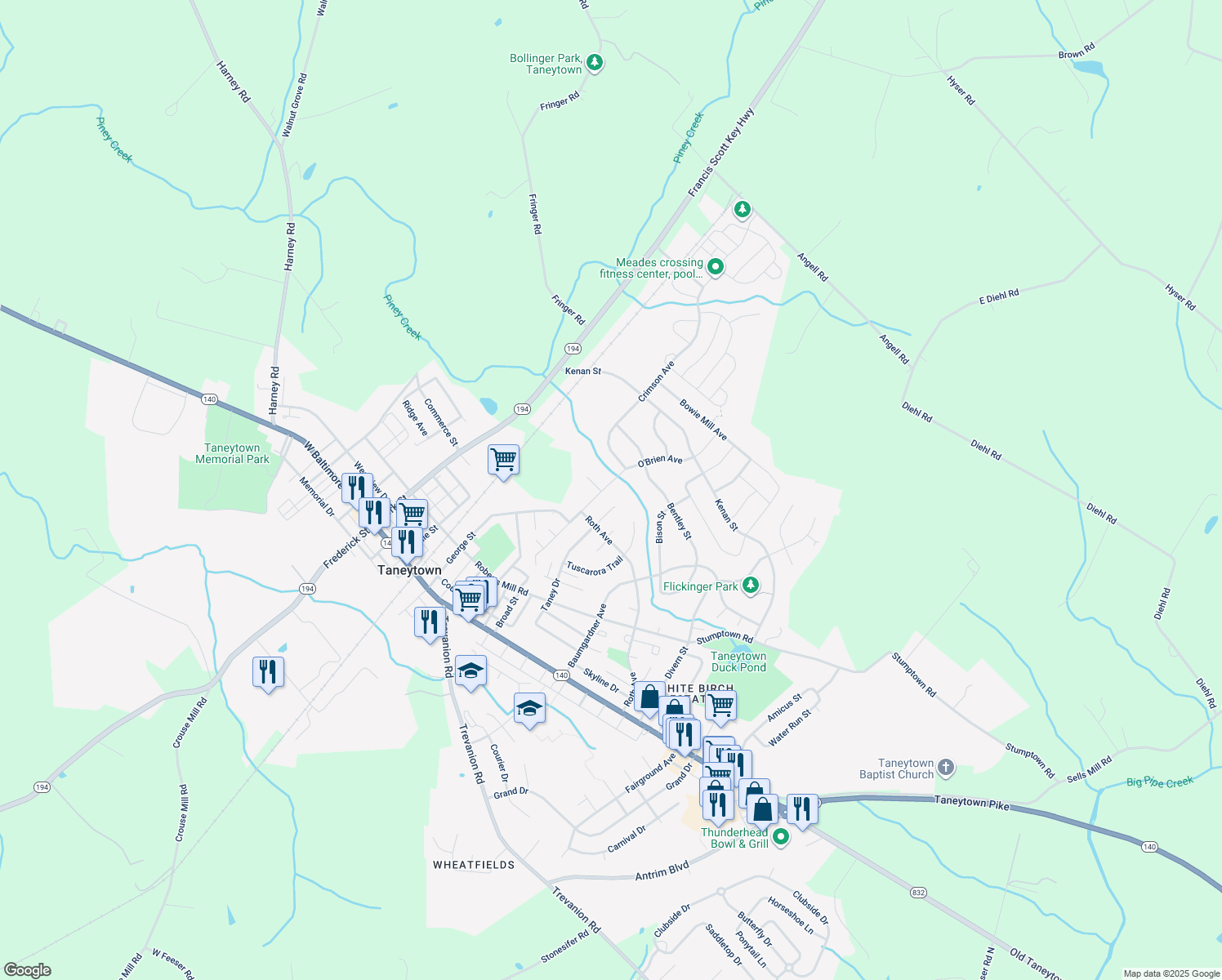 map of restaurants, bars, coffee shops, grocery stores, and more near 39 O'Brien Avenue in Taneytown