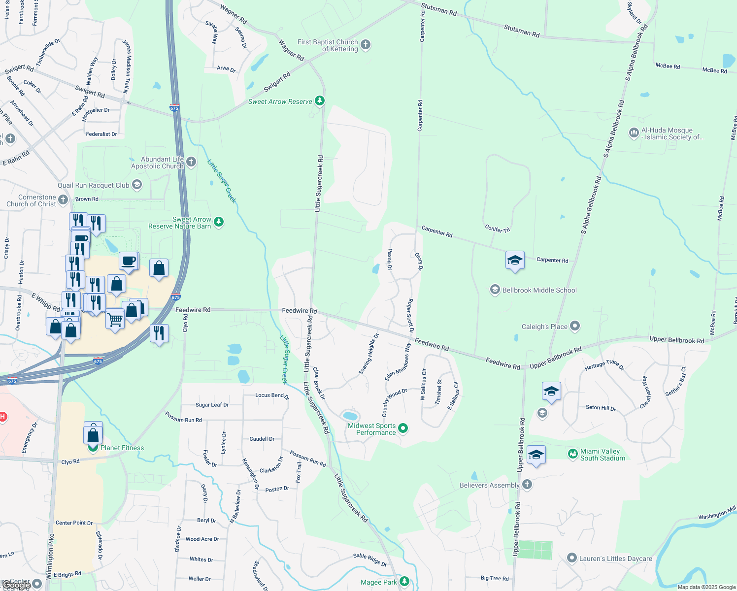 map of restaurants, bars, coffee shops, grocery stores, and more near 3870 Feedwire Road in Dayton