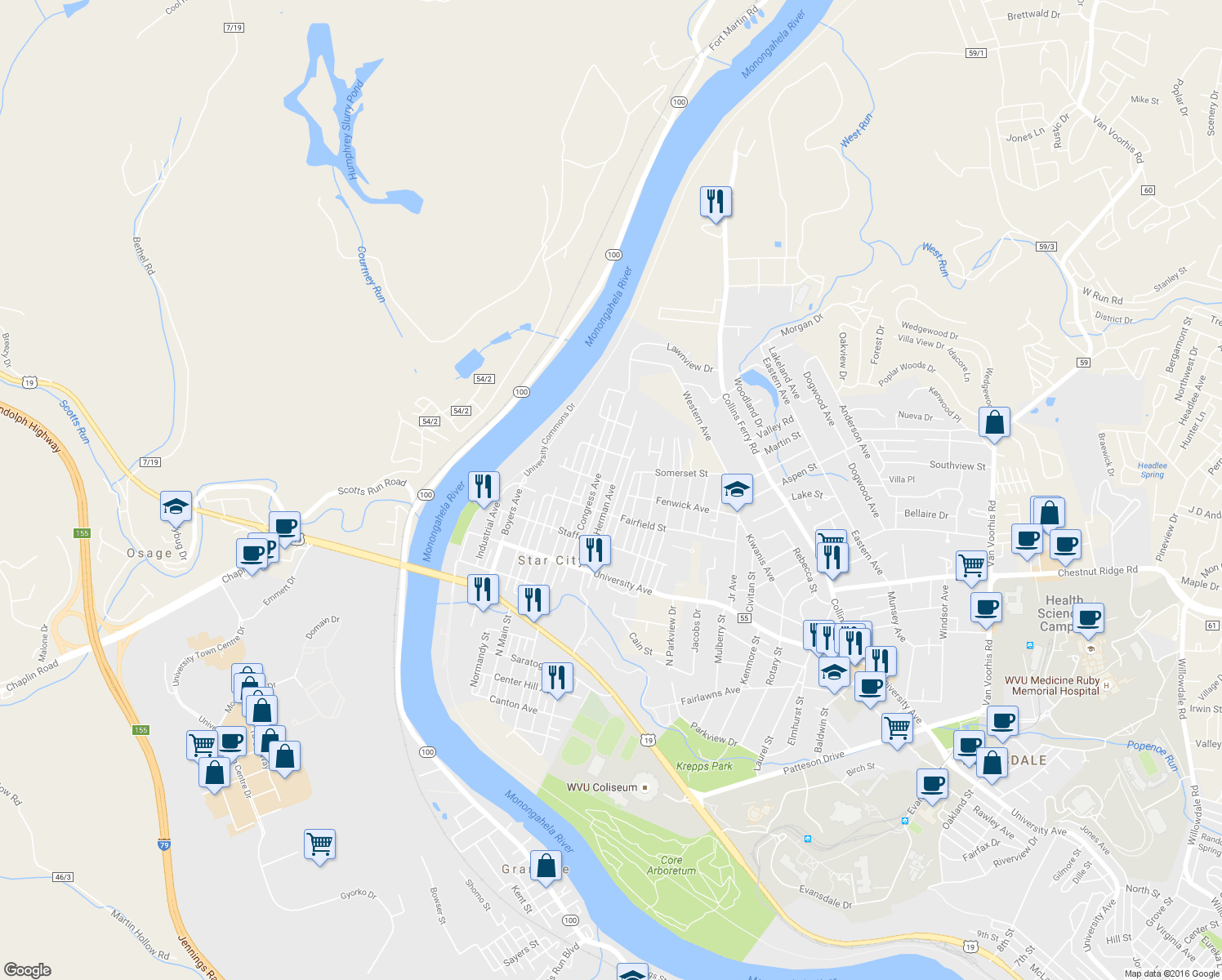 map of restaurants, bars, coffee shops, grocery stores, and more near 537 Herman Avenue in Morgantown