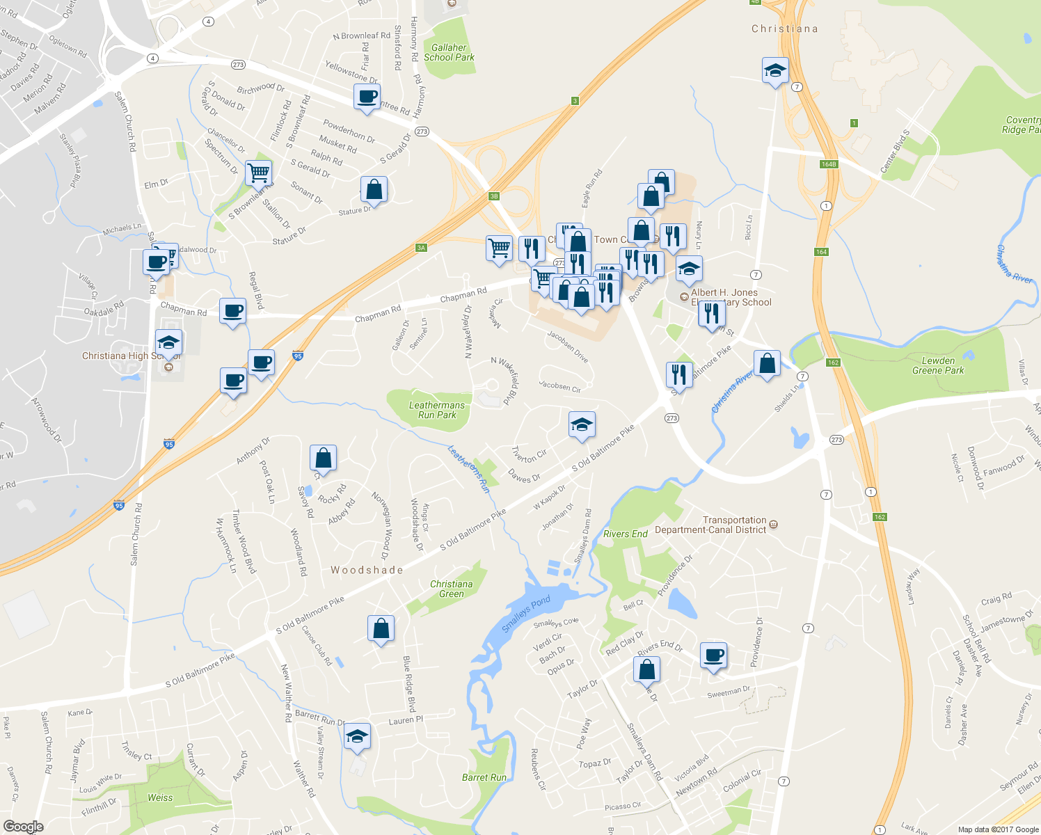 map of restaurants, bars, coffee shops, grocery stores, and more near 37 Tiverton Circle in Newark