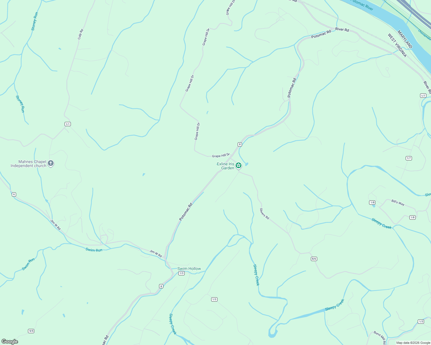map of restaurants, bars, coffee shops, grocery stores, and more near 2485 Potomac Road in Berkeley Springs