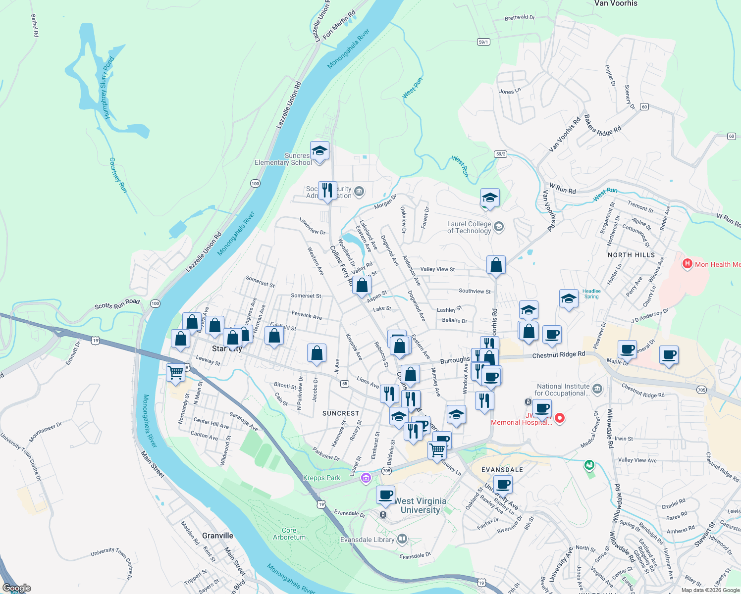 map of restaurants, bars, coffee shops, grocery stores, and more near 515 Aspen Street in Morgantown