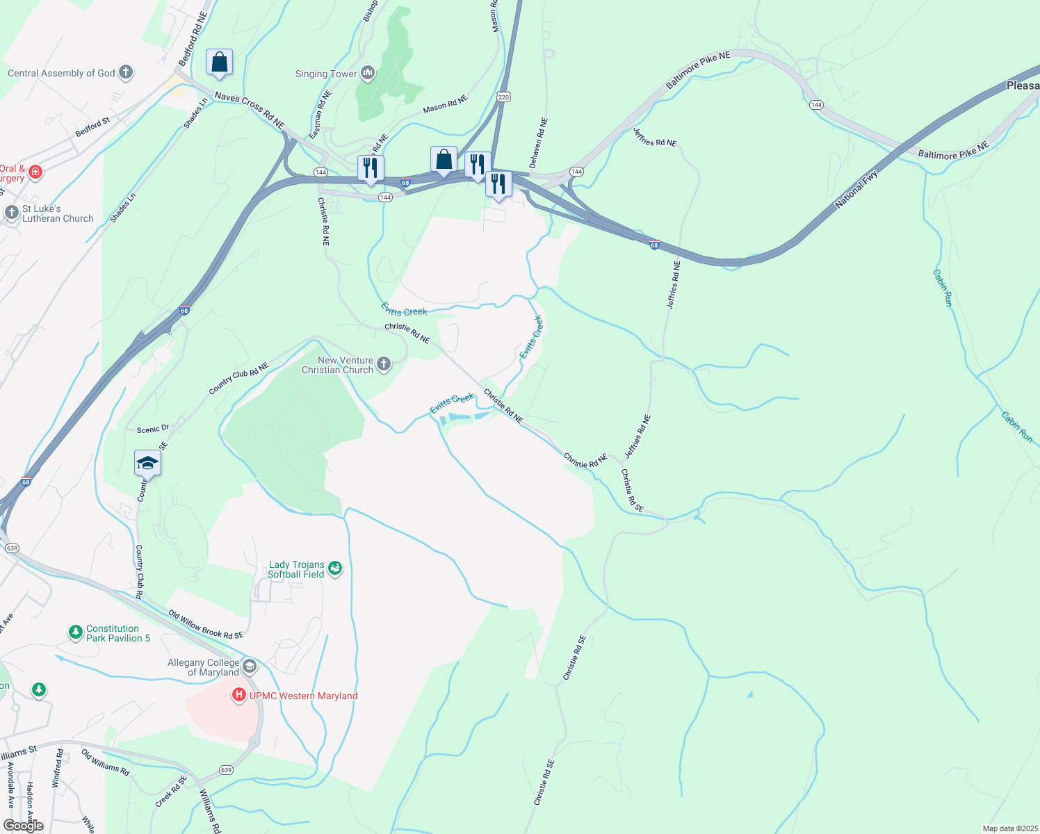 map of restaurants, bars, coffee shops, grocery stores, and more near 10105 Cottage Inn Lane Northeast in Cumberland