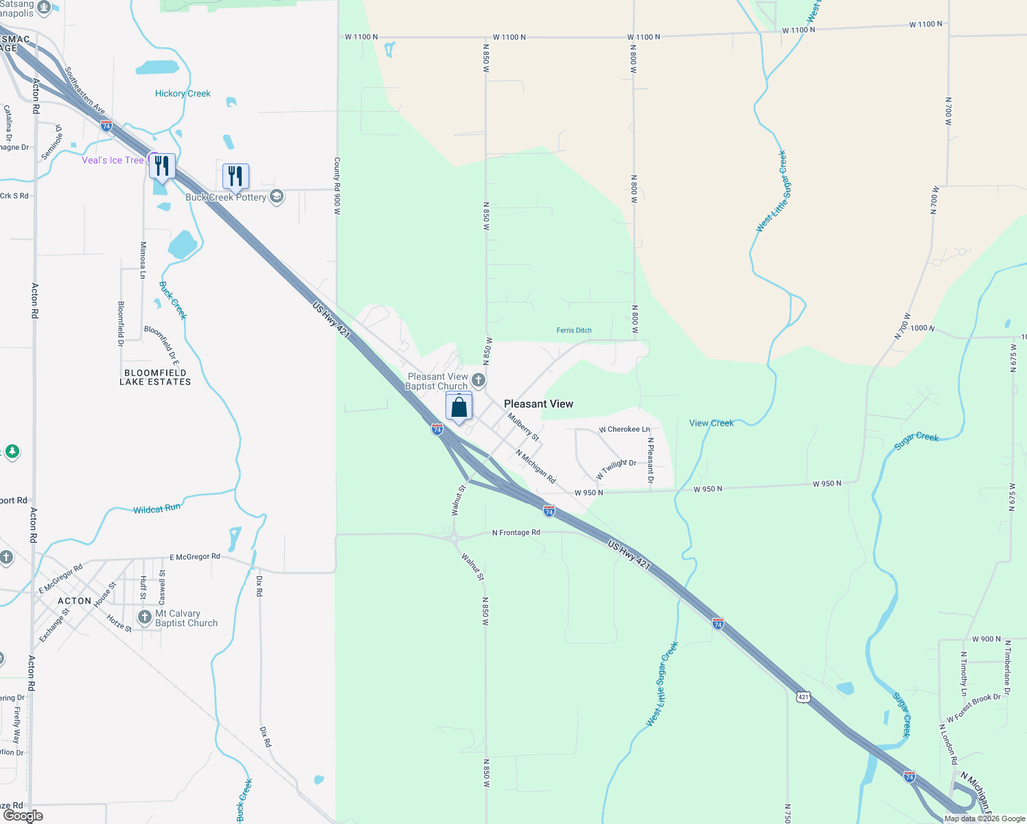 map of restaurants, bars, coffee shops, grocery stores, and more near 8471 West Sycamore Road in Fairland