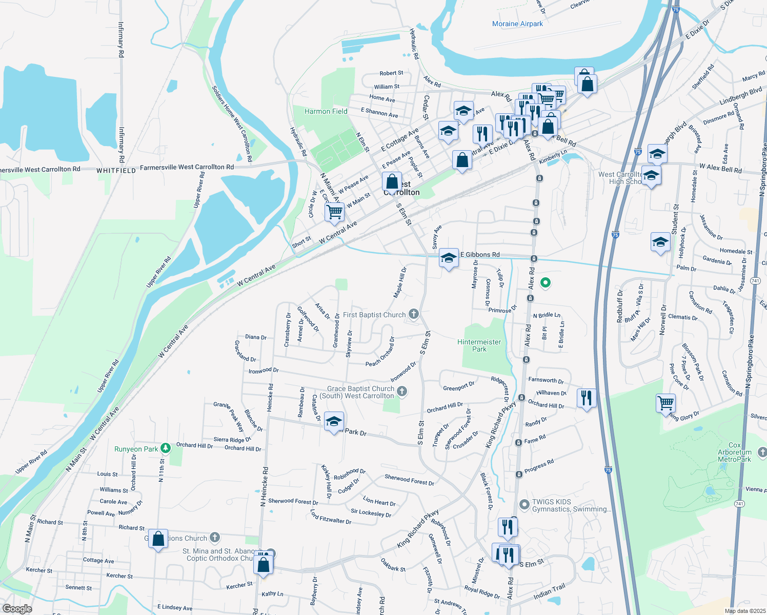 map of restaurants, bars, coffee shops, grocery stores, and more near 539 Maple Hill Dr in West Carrollton