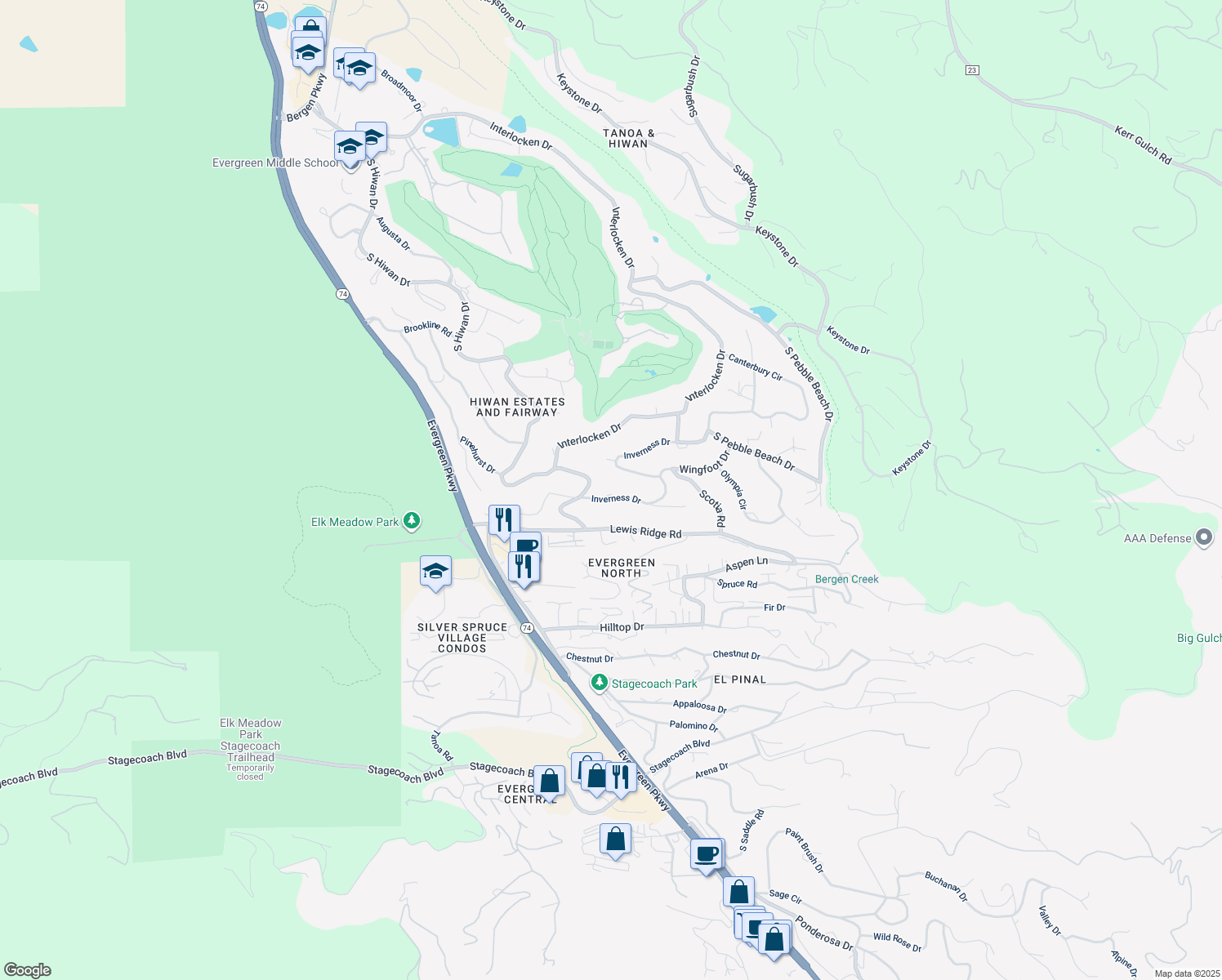 map of restaurants, bars, coffee shops, grocery stores, and more near 33639 Inverness Drive in Evergreen