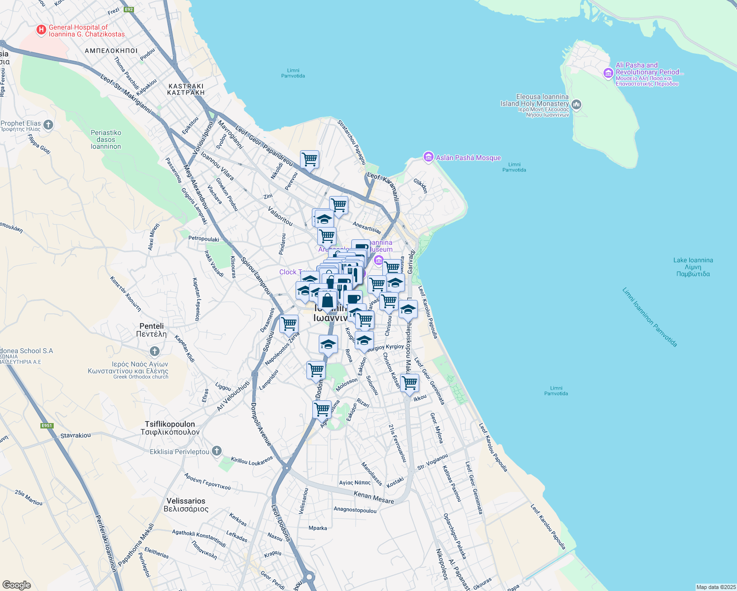 map of restaurants, bars, coffee shops, grocery stores, and more near Tsirogianni in Ioannina