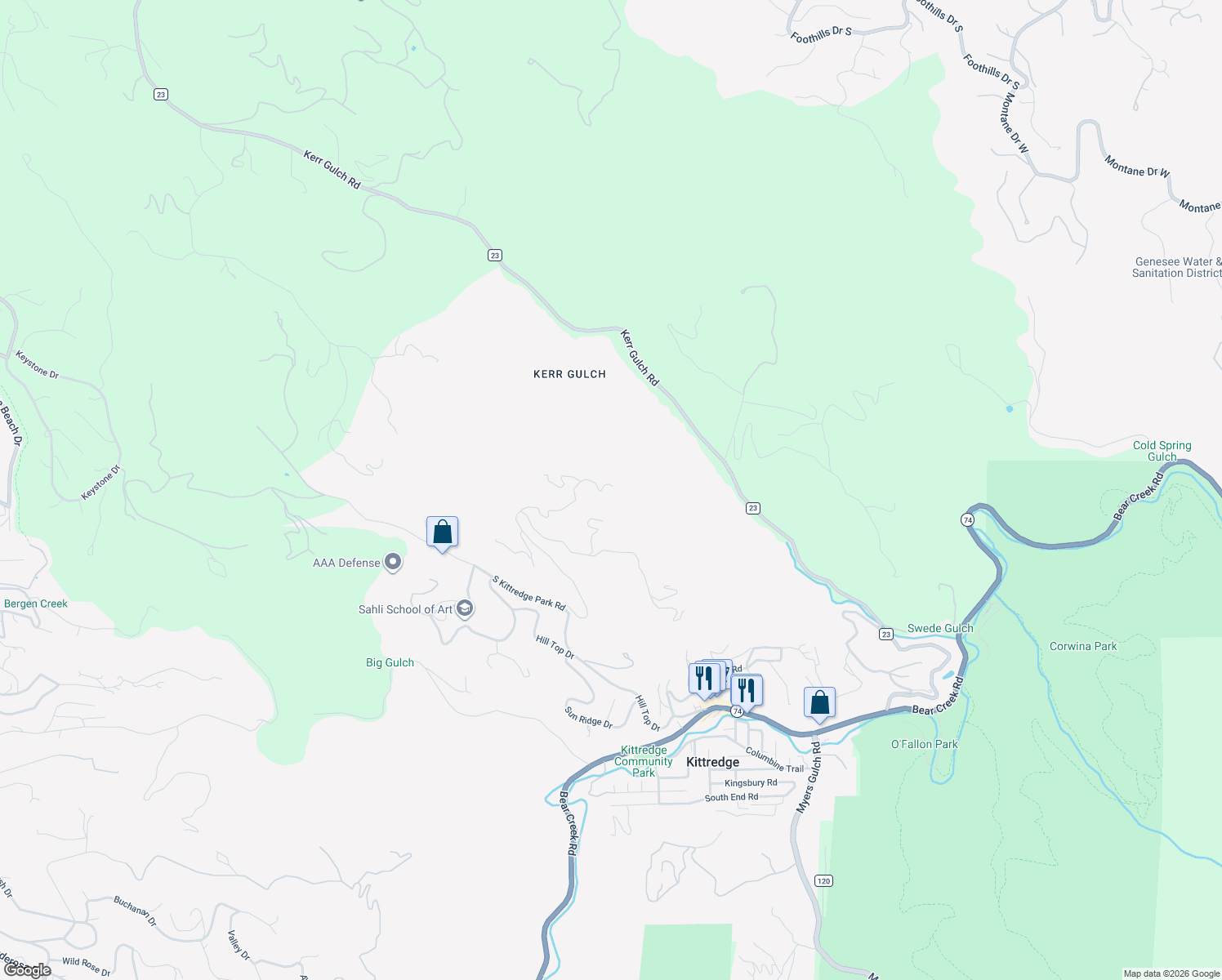 map of restaurants, bars, coffee shops, grocery stores, and more near 2808 Quartz Ridge Road in Evergreen