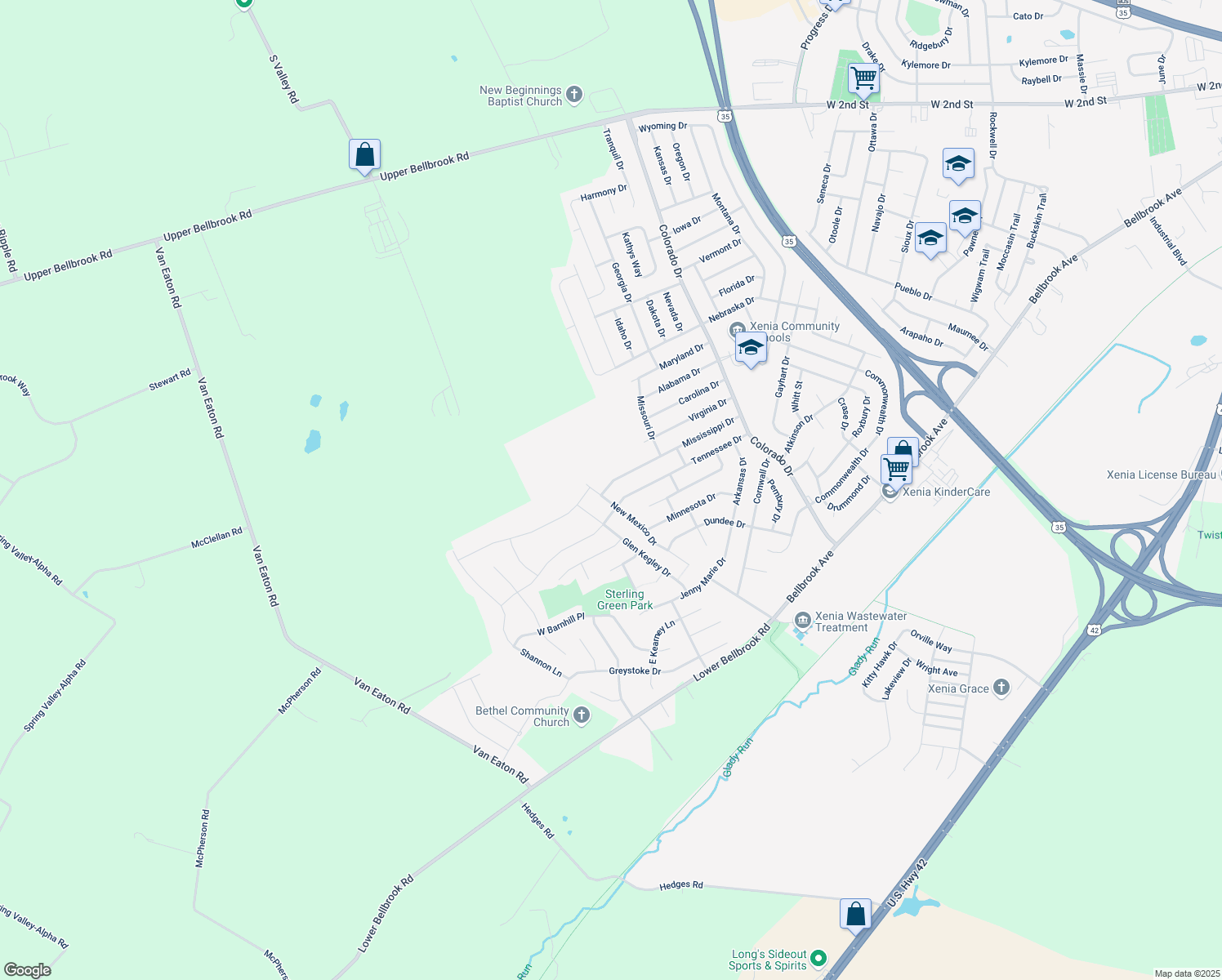 map of restaurants, bars, coffee shops, grocery stores, and more near 2497 Mississippi Dr in Xenia