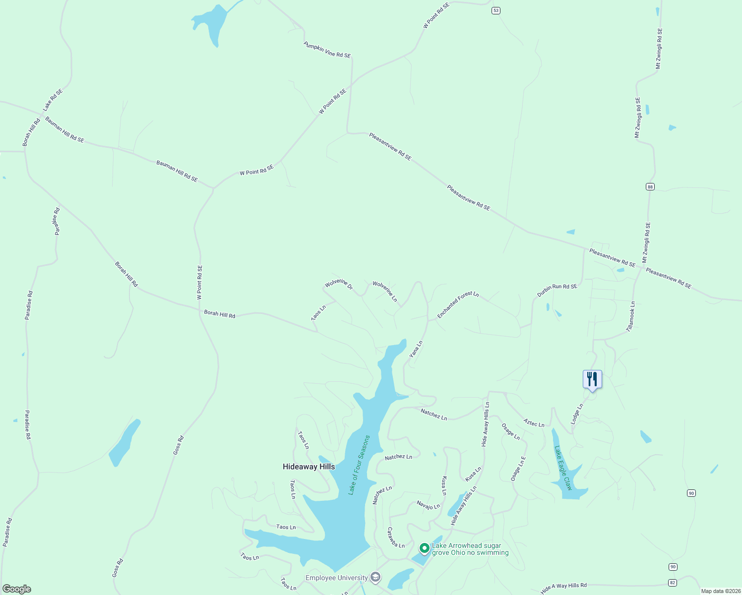 map of restaurants, bars, coffee shops, grocery stores, and more near 2091 Bear Claw Lane in Sugar Grove