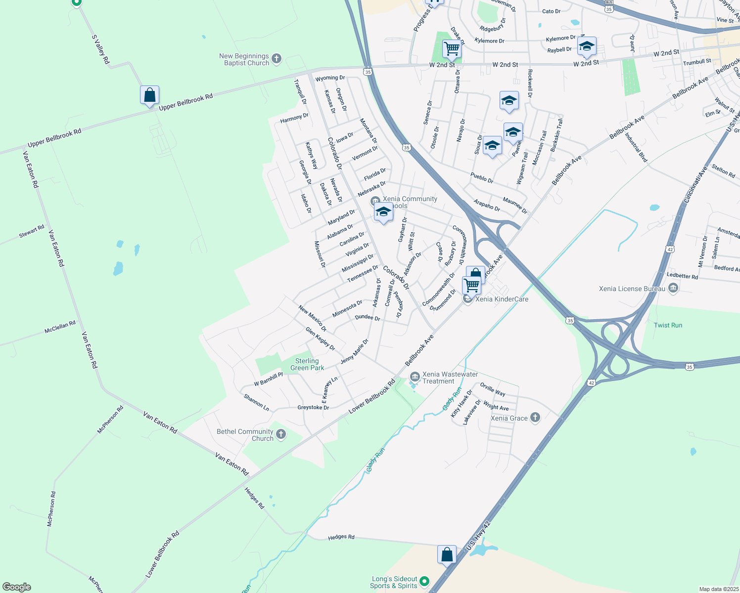 map of restaurants, bars, coffee shops, grocery stores, and more near 2104 Minnesota Drive in Xenia