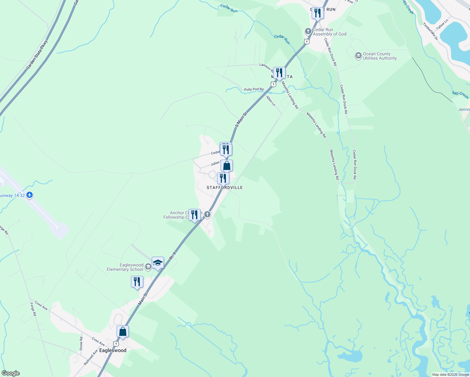 map of restaurants, bars, coffee shops, grocery stores, and more near 116 Dinner Point Avenue in Eagleswood
