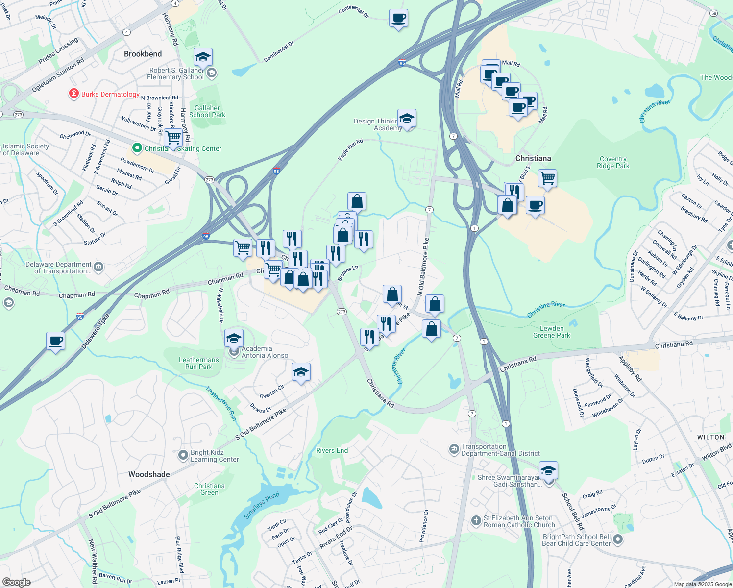 map of restaurants, bars, coffee shops, grocery stores, and more near 1205 Flanders Way in Newark