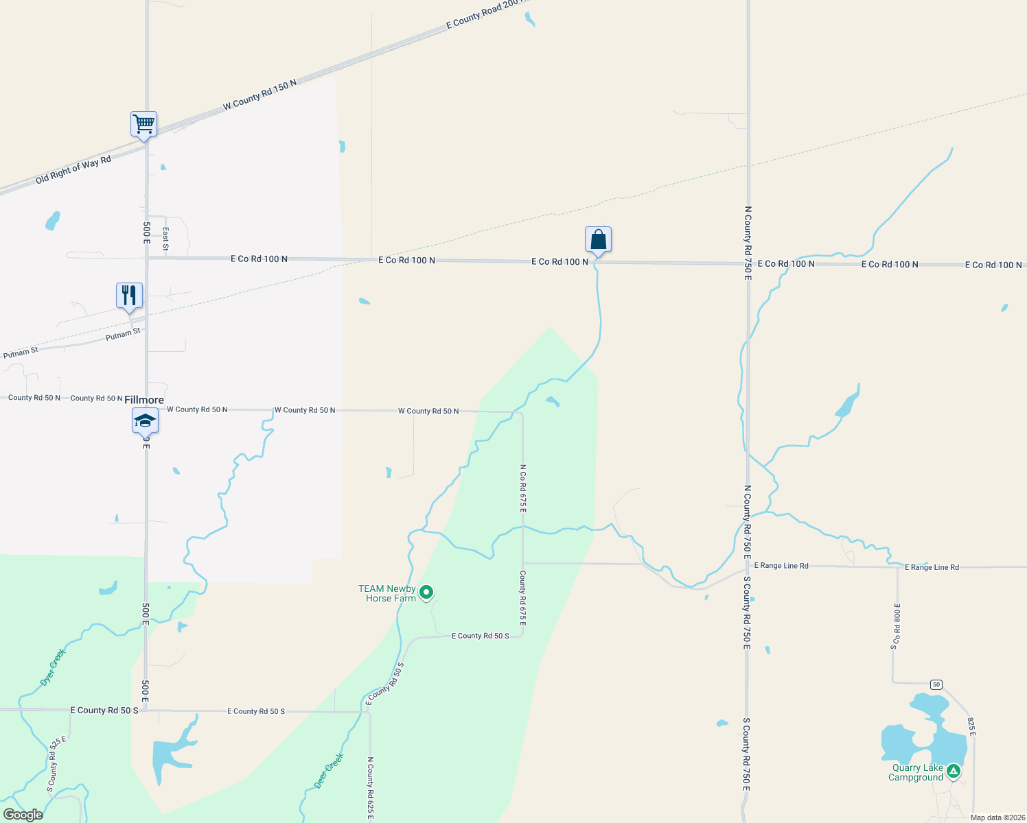 map of restaurants, bars, coffee shops, grocery stores, and more near 6799 E County Road 50 North in Fillmore