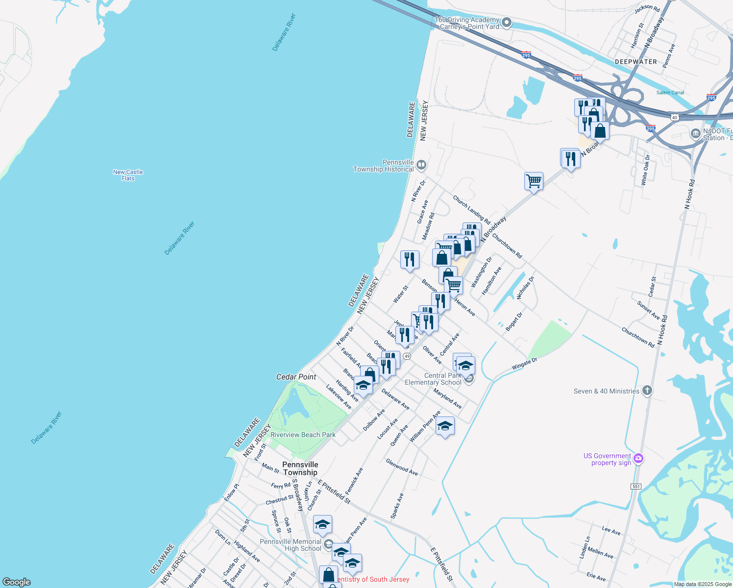 map of restaurants, bars, coffee shops, grocery stores, and more near 179 North River Drive in Salem County