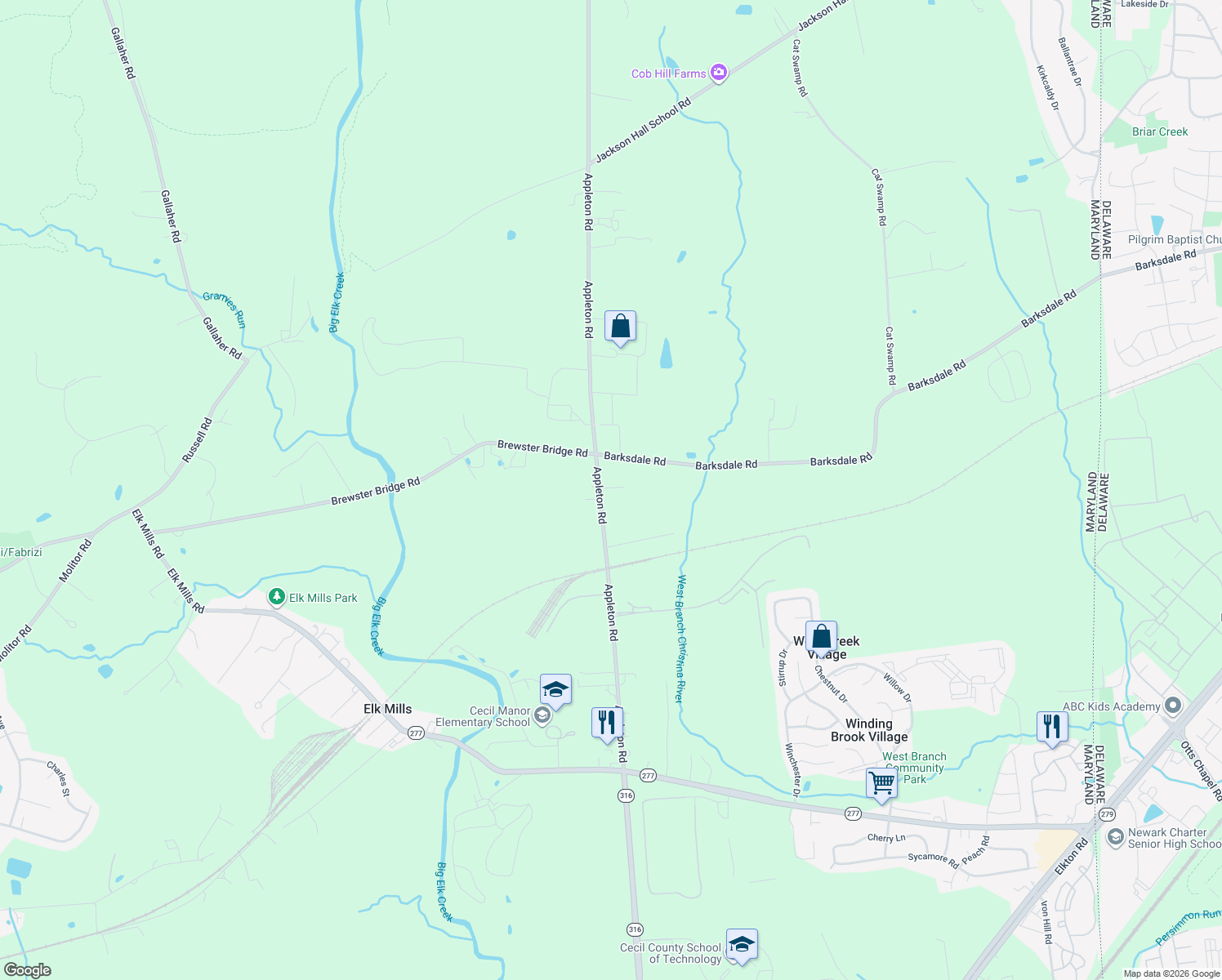 map of restaurants, bars, coffee shops, grocery stores, and more near 1428 Appleton Road in Elkton