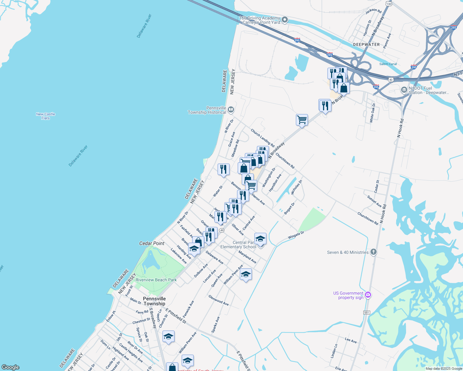 map of restaurants, bars, coffee shops, grocery stores, and more near 29 Benson Avenue in Pennsville Township