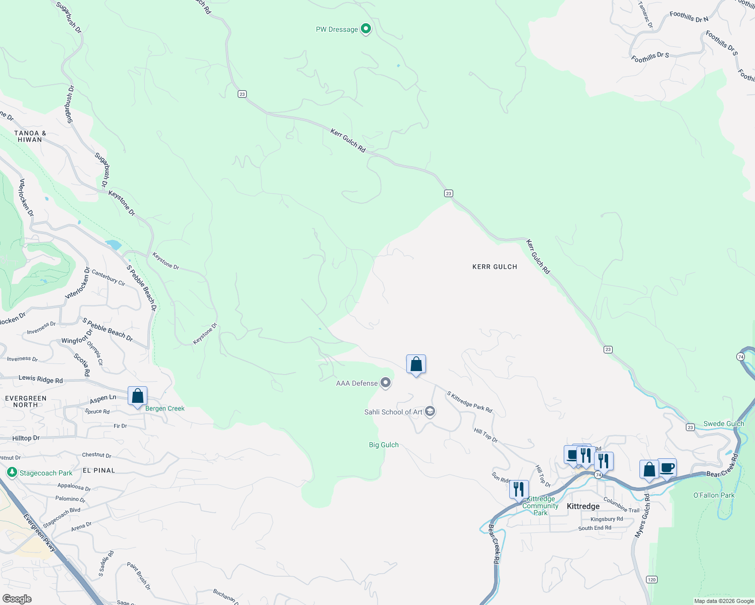 map of restaurants, bars, coffee shops, grocery stores, and more near 2327 Wieler Road in Evergreen