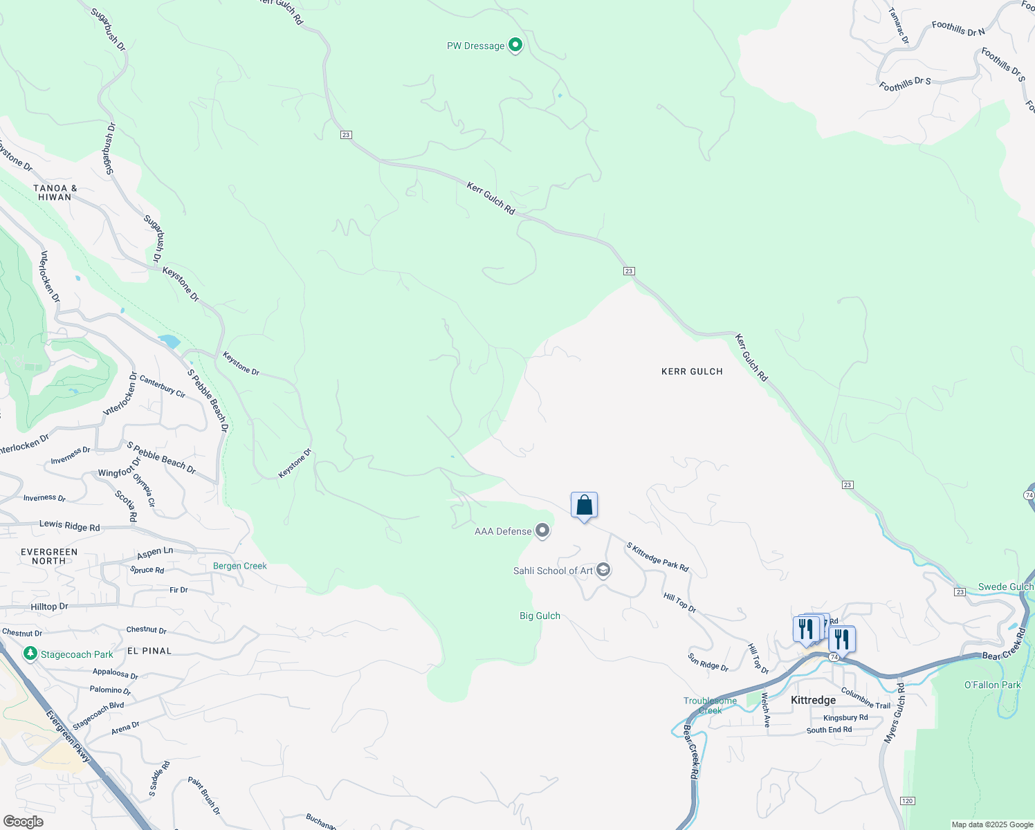map of restaurants, bars, coffee shops, grocery stores, and more near 2317 Wieler Road in Evergreen
