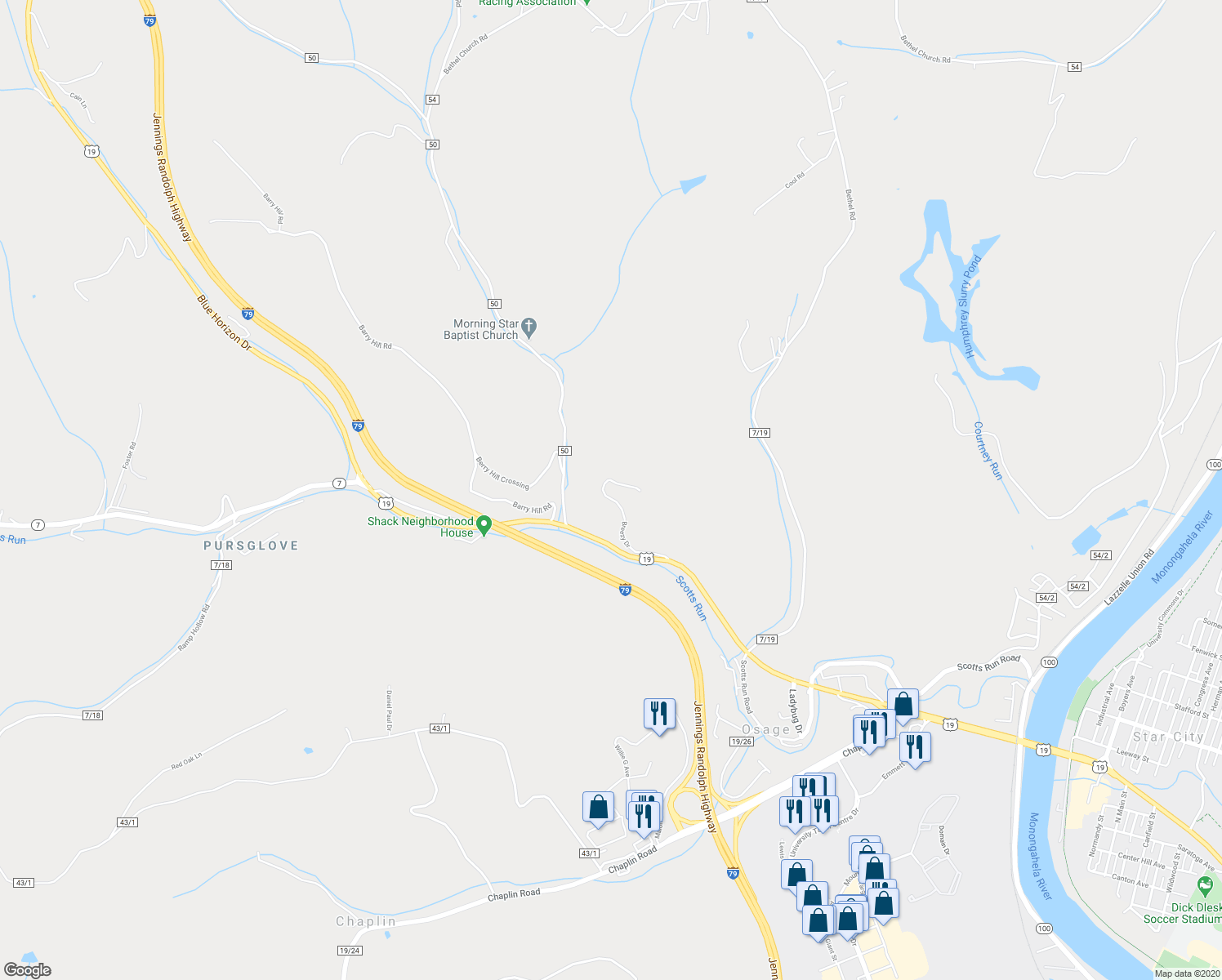 map of restaurants, bars, coffee shops, grocery stores, and more near 64 Breezy Drive in Morgantown