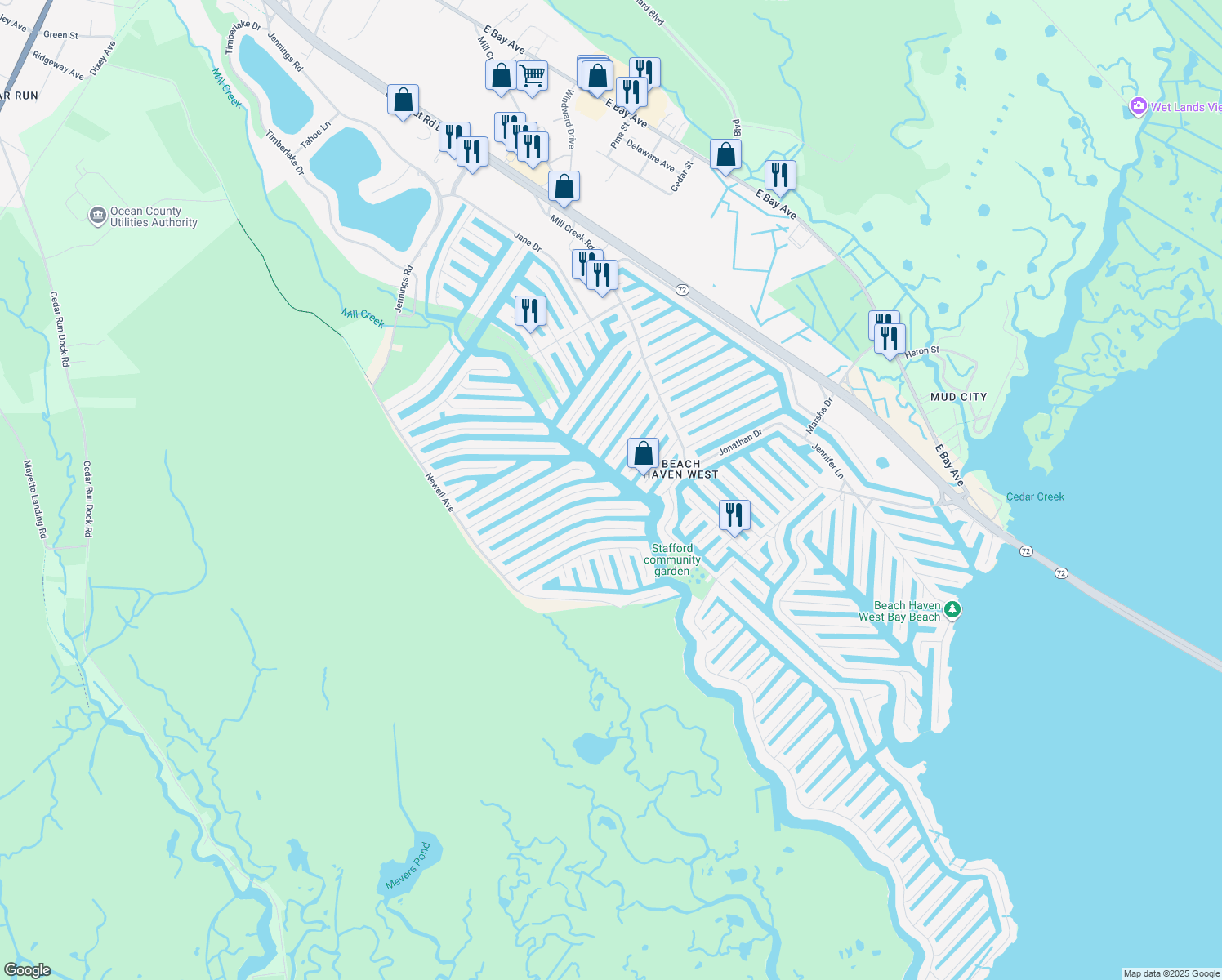 map of restaurants, bars, coffee shops, grocery stores, and more near 212 Matilda Drive in Stafford Township