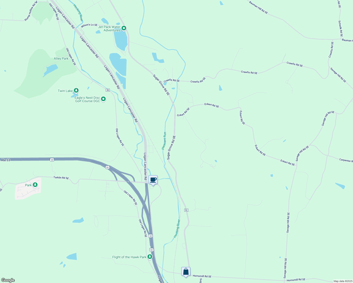 map of restaurants, bars, coffee shops, grocery stores, and more near 3504 Sugar Grove Road Southeast in Lancaster