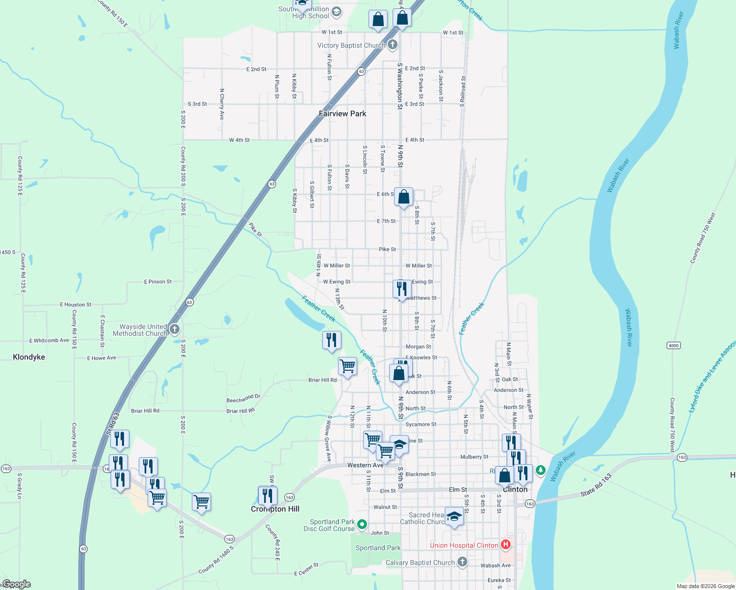 map of restaurants, bars, coffee shops, grocery stores, and more near 1101 Matthews Street in Clinton