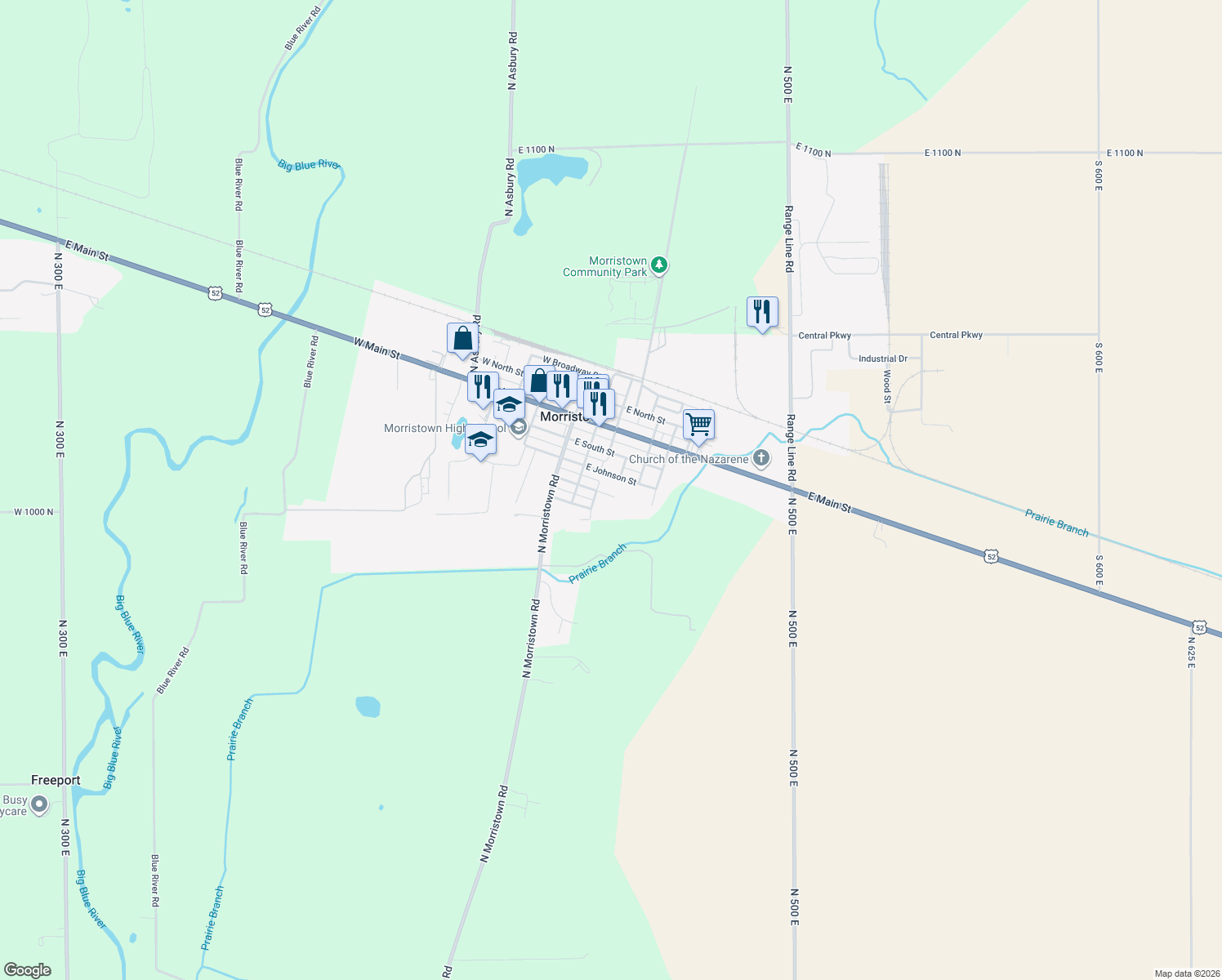 map of restaurants, bars, coffee shops, grocery stores, and more near 320 East Fletcher Street in Morristown