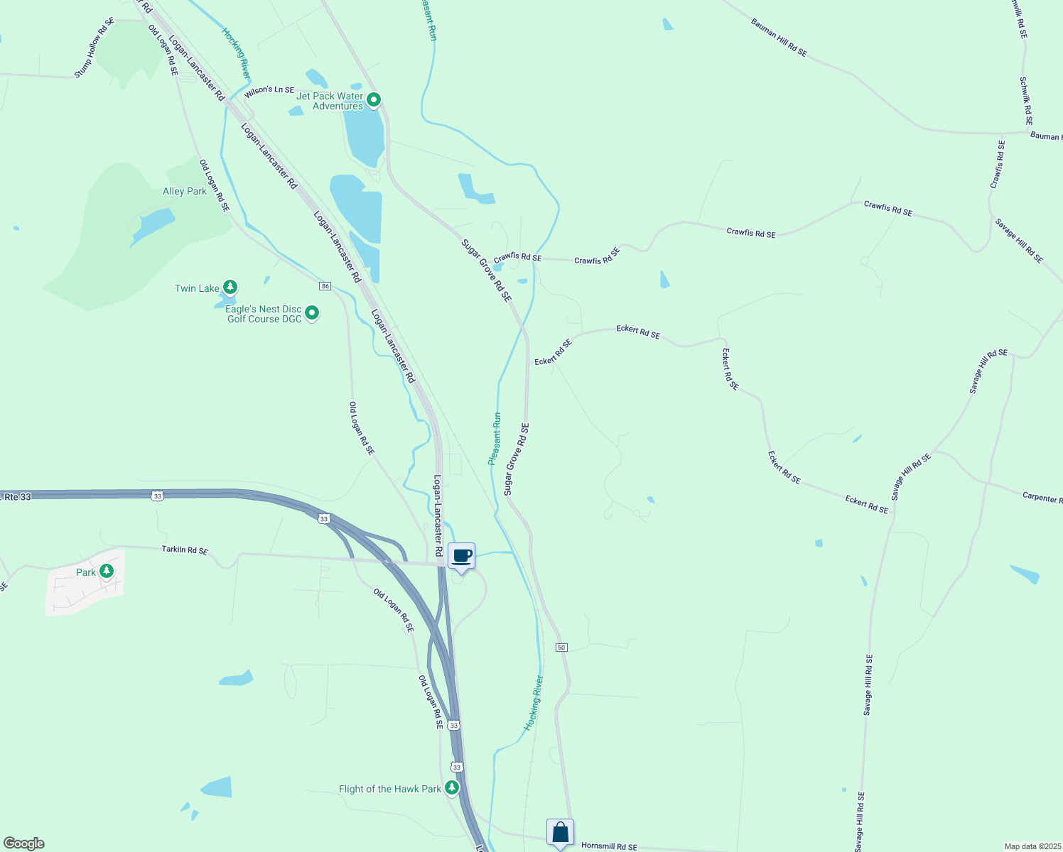 map of restaurants, bars, coffee shops, grocery stores, and more near 3504 Sugar Grove Road Southeast in Lancaster