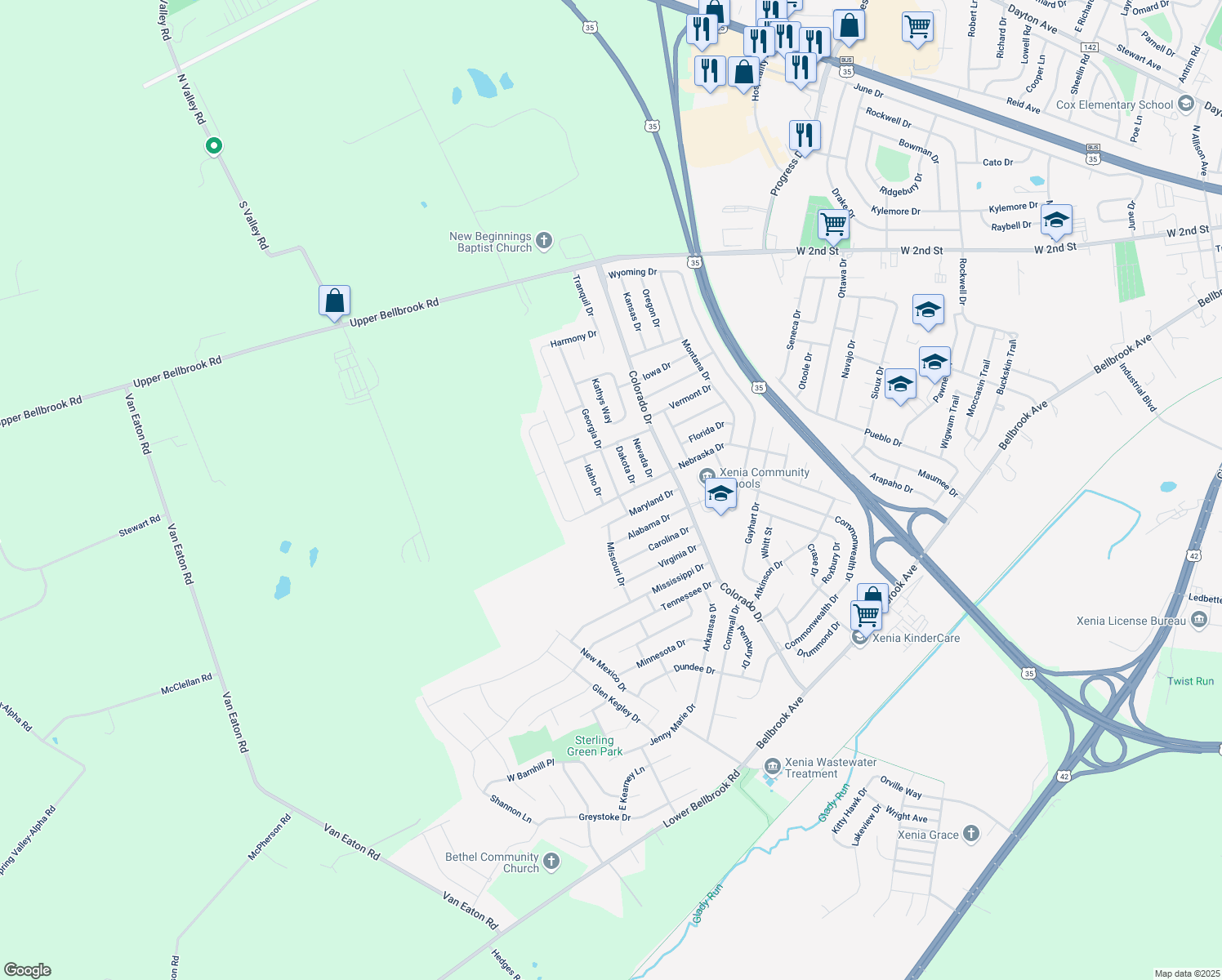 map of restaurants, bars, coffee shops, grocery stores, and more near 666 Georgia Dr in Xenia