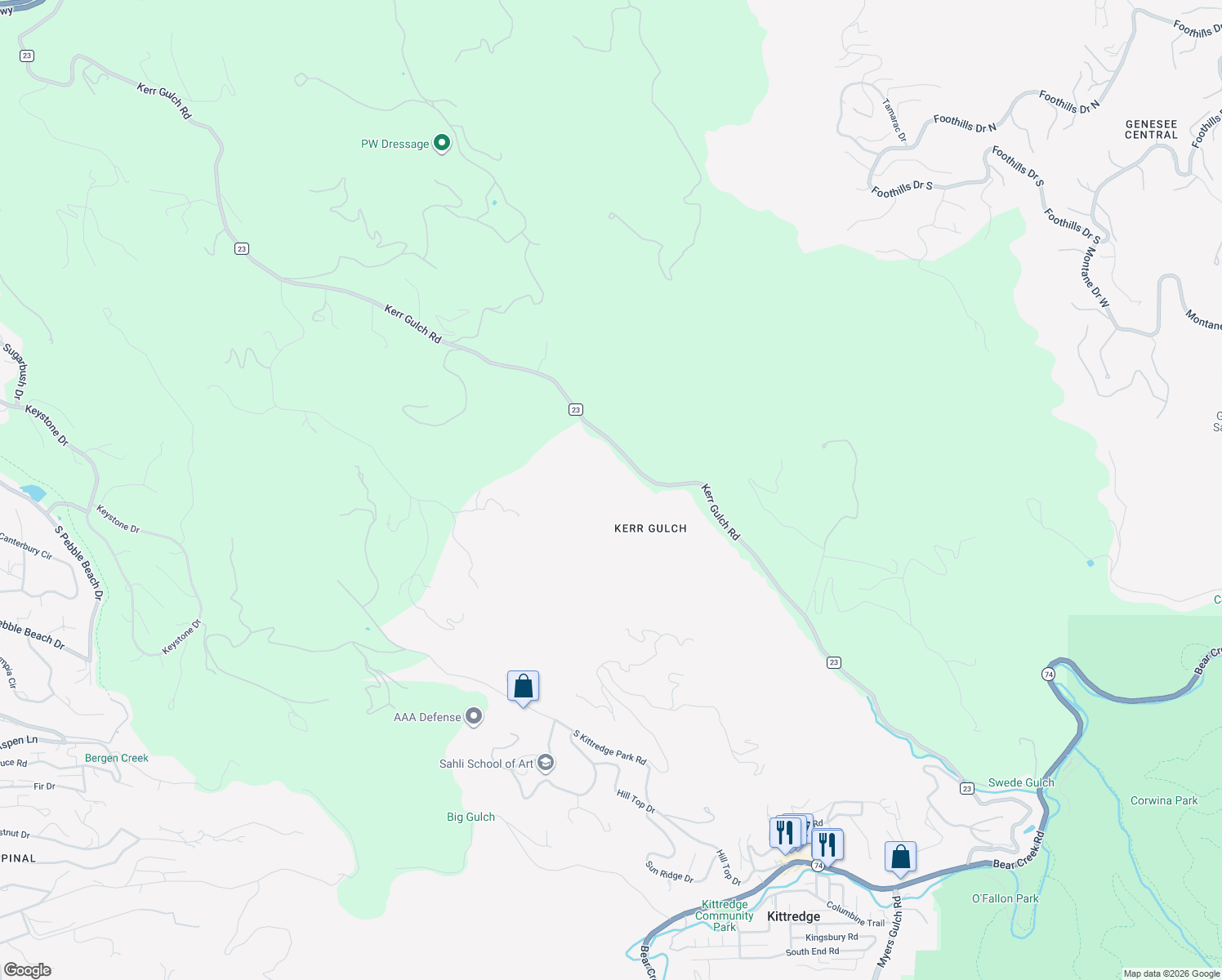 map of restaurants, bars, coffee shops, grocery stores, and more near 2427-2587 Kerr Gulch Road in Evergreen