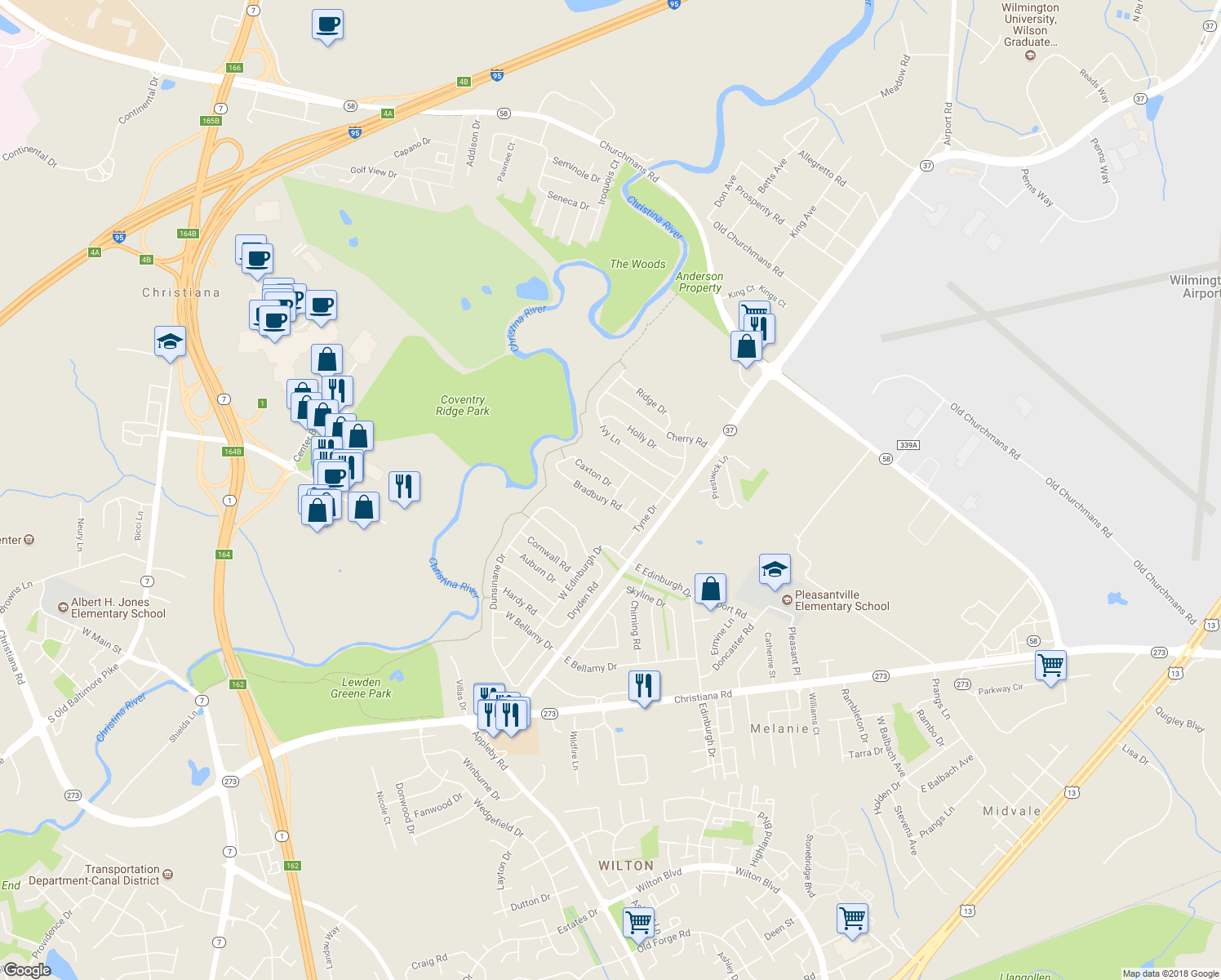 map of restaurants, bars, coffee shops, grocery stores, and more near 2 Caxton Drive in New Castle