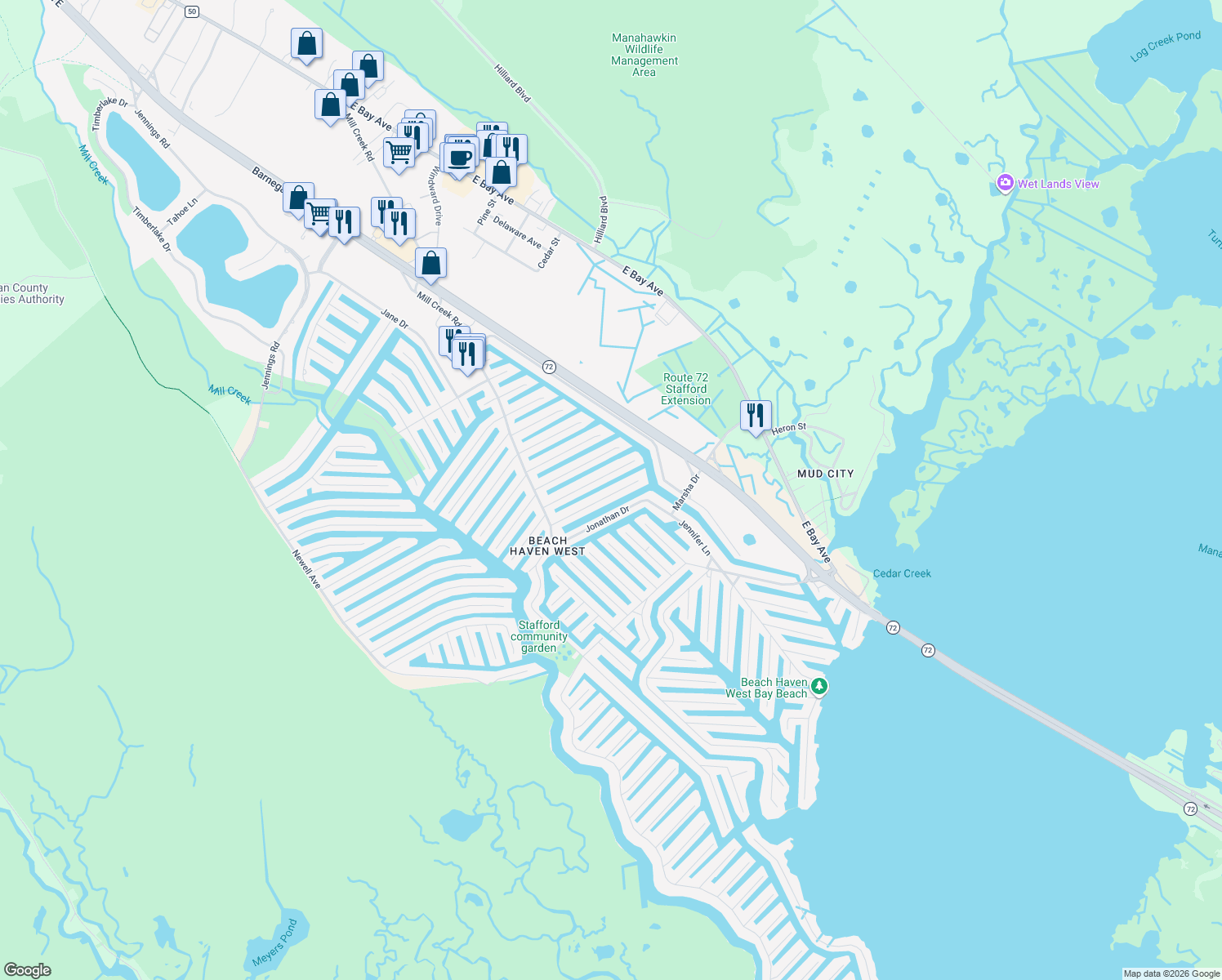 map of restaurants, bars, coffee shops, grocery stores, and more near 68 Gregg Drive in Manahawkin
