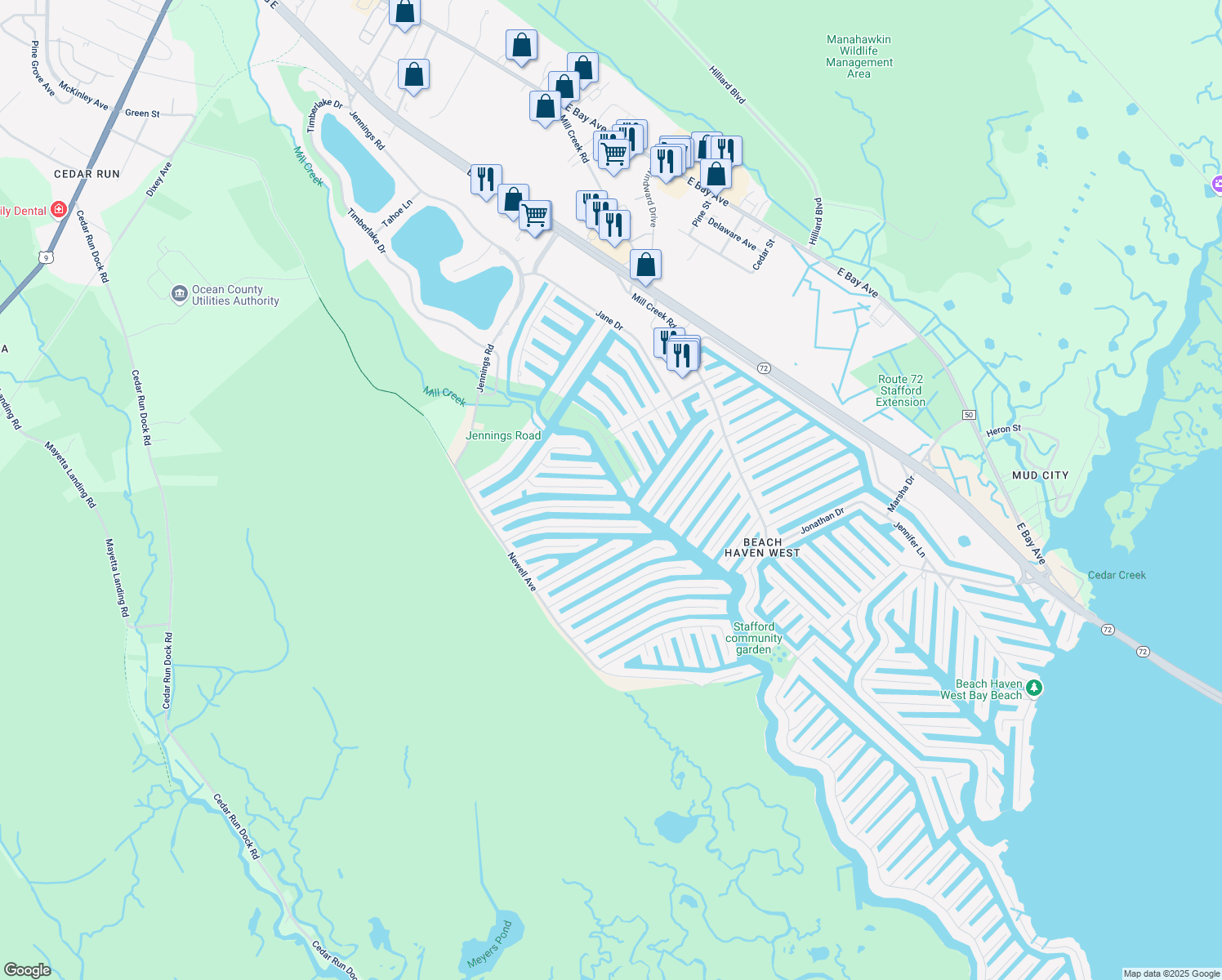 map of restaurants, bars, coffee shops, grocery stores, and more near 164 Evelyn Dr in Stafford Township