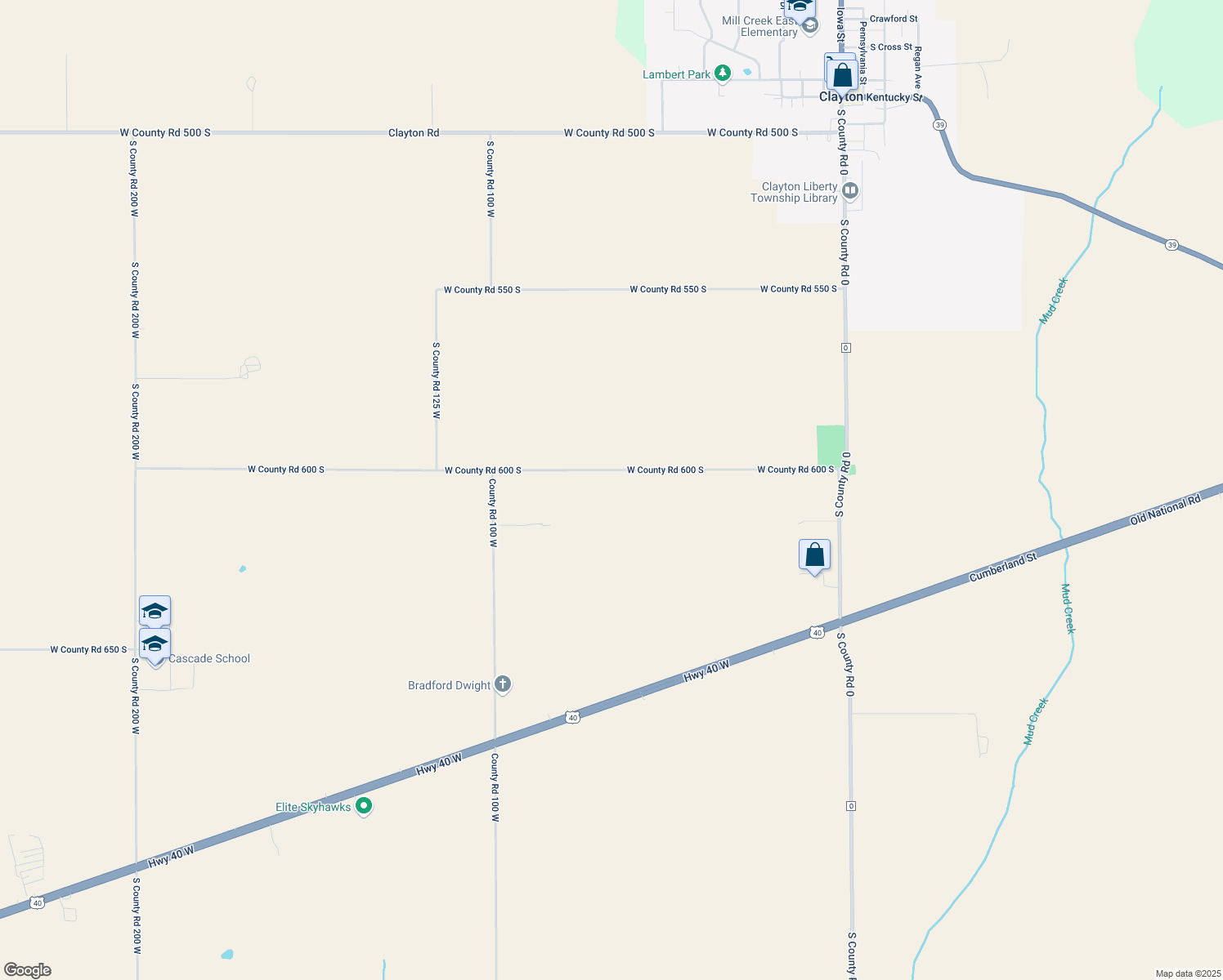 map of restaurants, bars, coffee shops, grocery stores, and more near 663 West County Road 600 South in Clayton