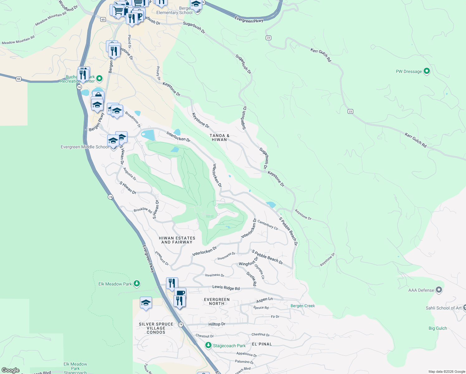 map of restaurants, bars, coffee shops, grocery stores, and more near 2296 Pebble Beach Court in Evergreen