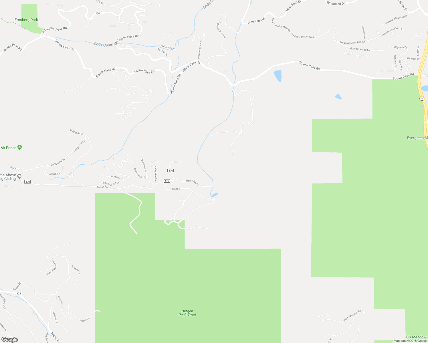 map of restaurants, bars, coffee shops, grocery stores, and more near 505 Bear Claw Lane in Evergreen