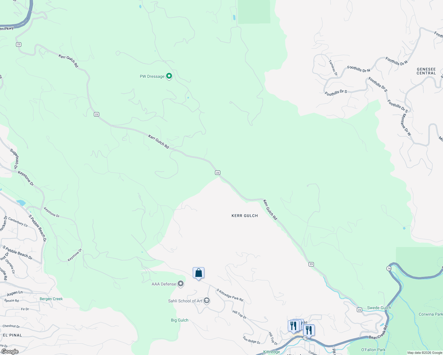 map of restaurants, bars, coffee shops, grocery stores, and more near 2427 Kerr Gulch Road in Evergreen