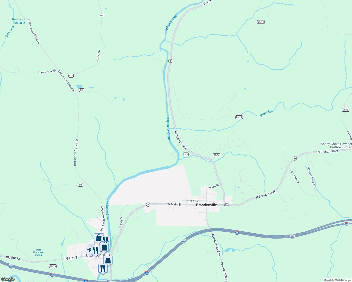 map of restaurants, bars, coffee shops, grocery stores, and more near 155-223 Palmer Dr in Bruceton Mills