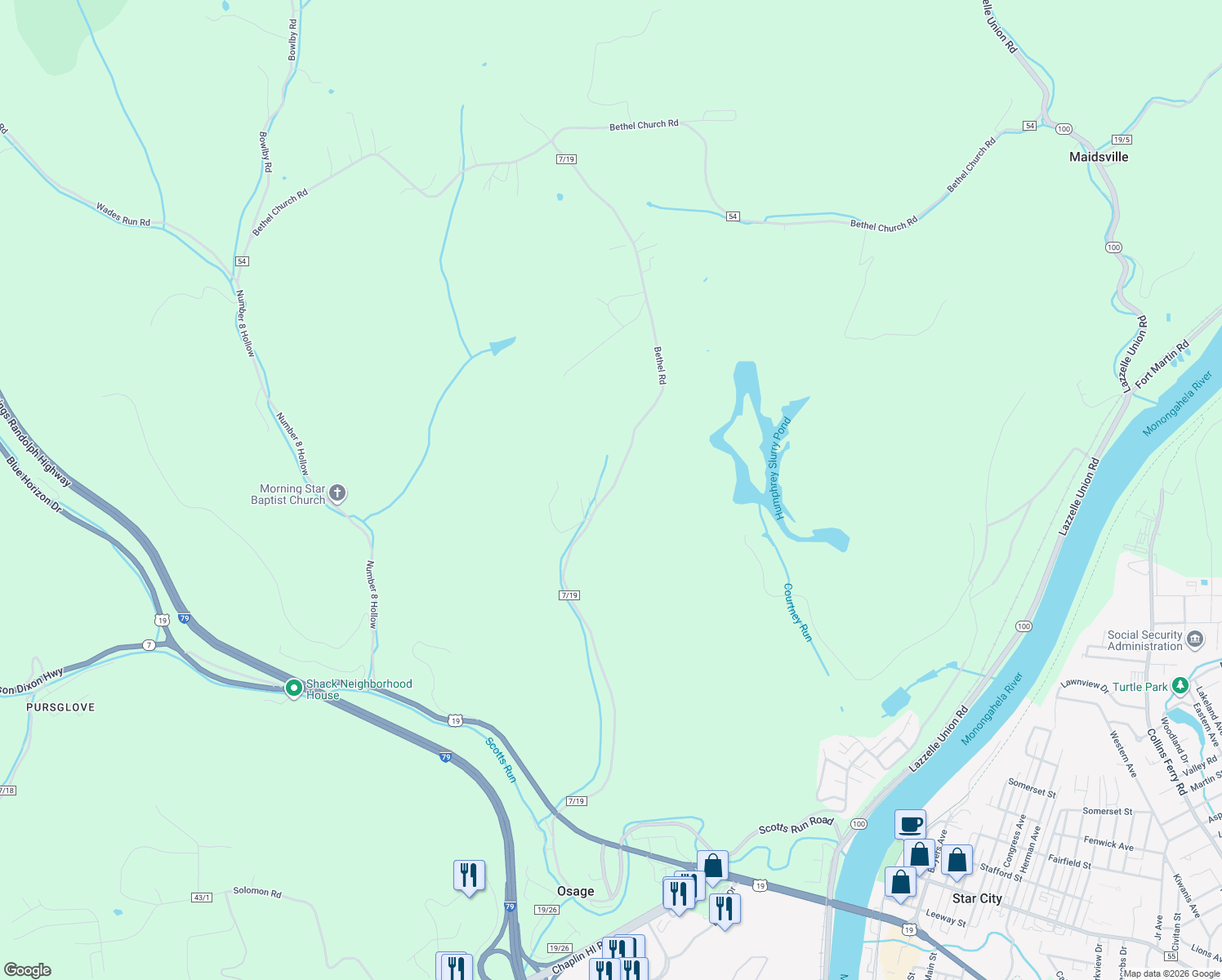 map of restaurants, bars, coffee shops, grocery stores, and more near Bethel Road in Morgantown