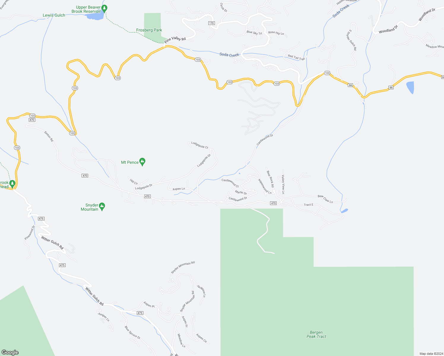 map of restaurants, bars, coffee shops, grocery stores, and more near 150 Castlewood Court in Evergreen