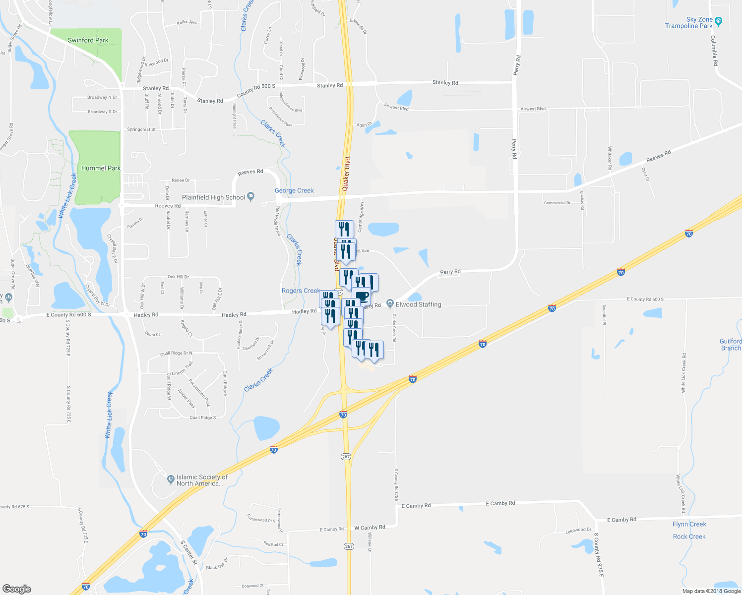 map of restaurants, bars, coffee shops, grocery stores, and more near 2224 Hadley Road in Plainfield